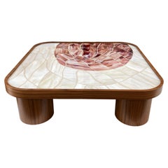 Modern Coffee Table with Walnut Pedestals Base and  Glass Top by Ercole Home