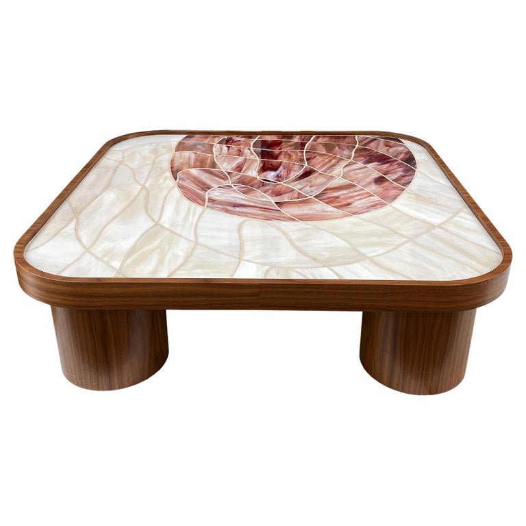Modern Coffee Table with Walnut Pedestals Base and Glass Top by Ercole