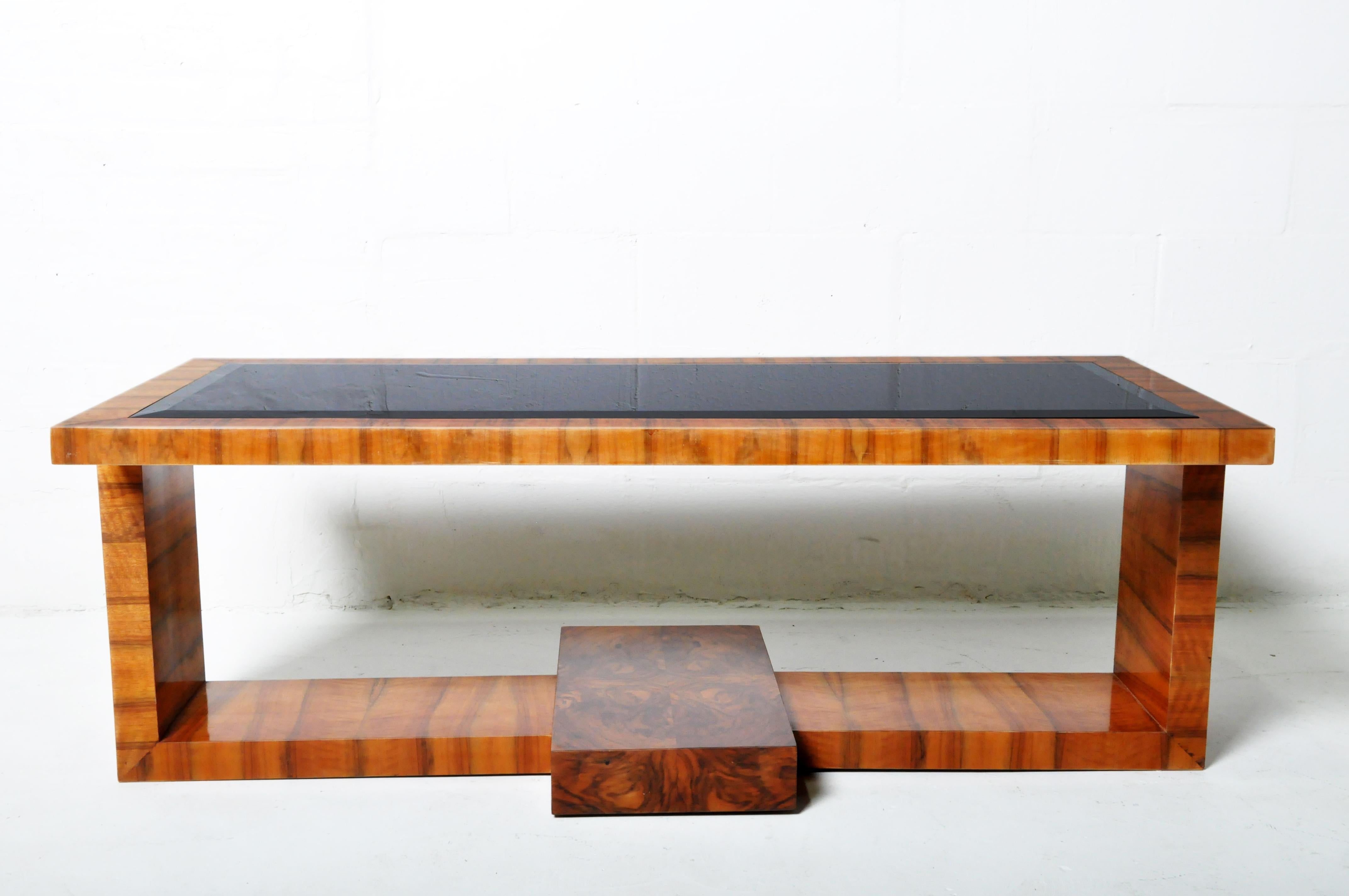 Hungarian Coffee Table with Walnut Veneer and a Smoked Glass Top