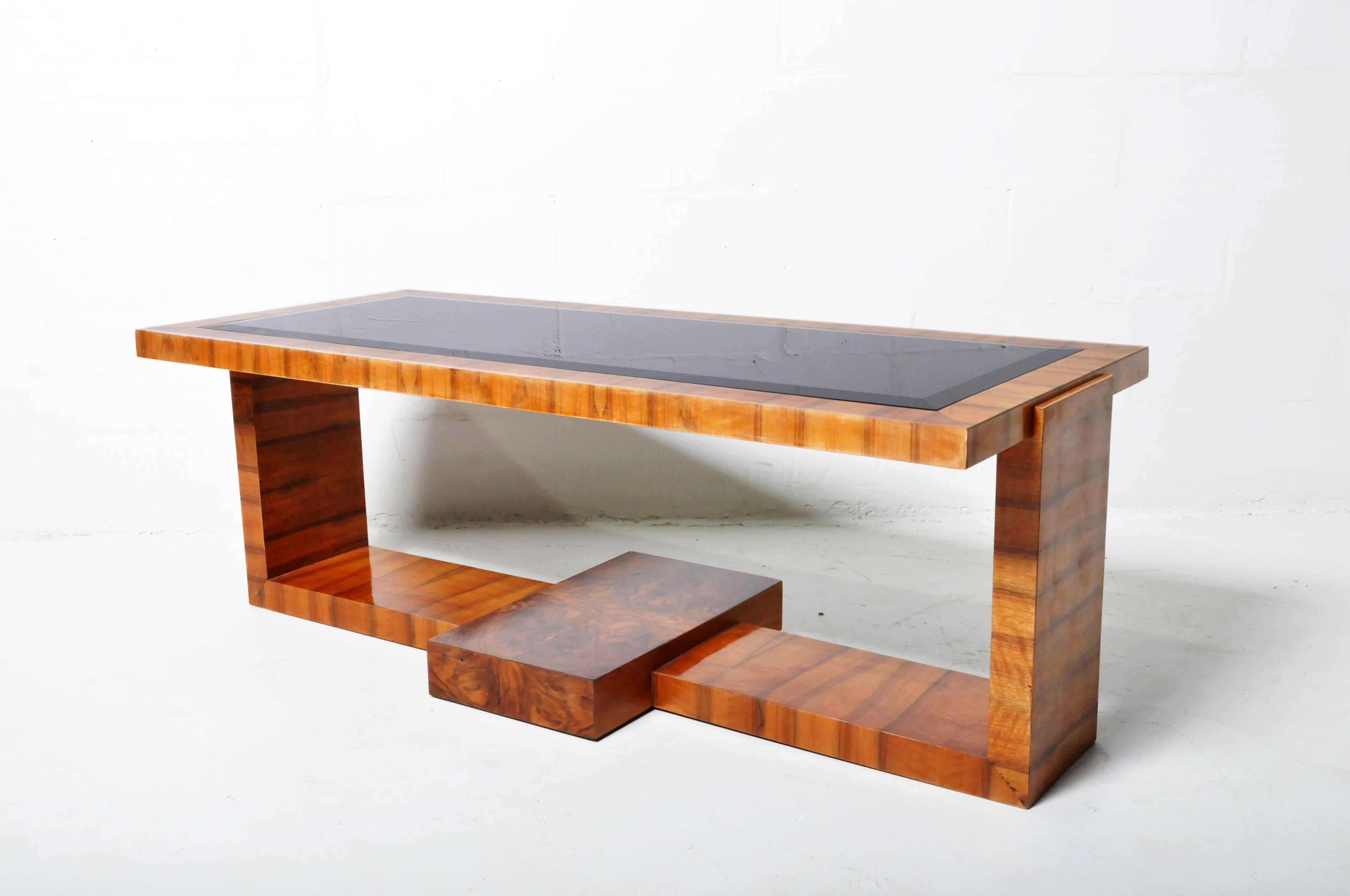 Lacquered Coffee Table with Walnut Veneer and a Smoked Glass Top