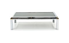Coffee Table with Wide Chrome Frame and Brass Corners, Smoked Glass Top, 1970s