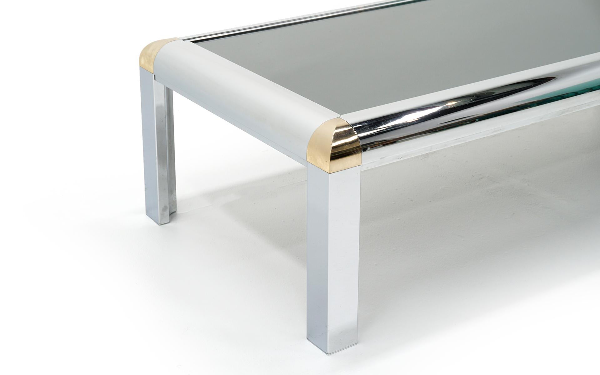 American Coffee Table with Wide Chrome Frame and Brass Corners, Smoked Glass Top, 1970s
