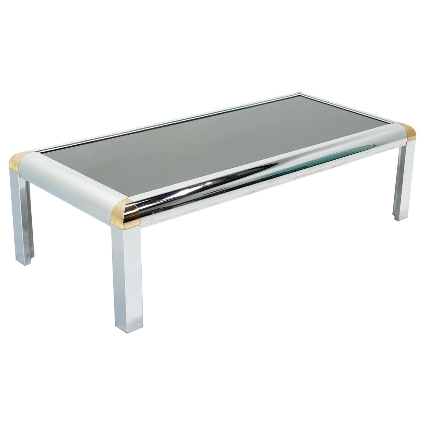 Coffee Table with Wide Chrome Frame and Brass Corners, Smoked Glass Top, 1970s