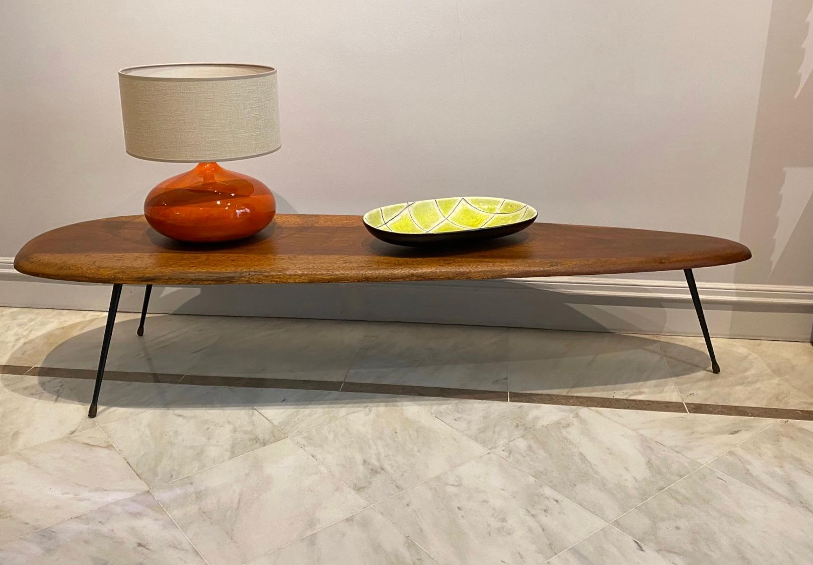 Mid-20th Century Coffee Table with Wood Top and Black Metal Feet, 1950's
