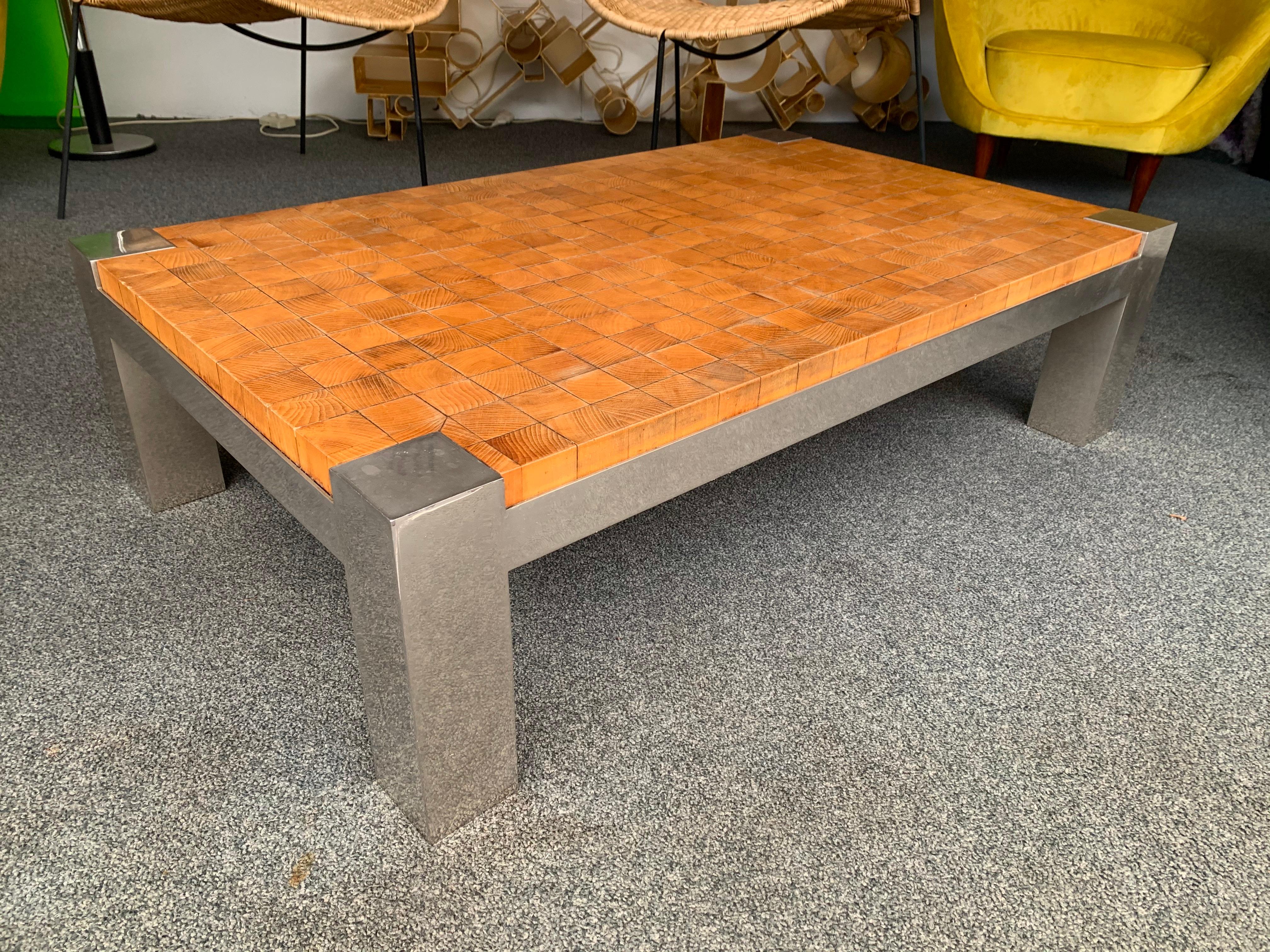 Low cocktail or coffee table massive wood cube marquetry inlay and metal chrome feet. In the manner of Rolf Middelboe & Gorm Lindum.