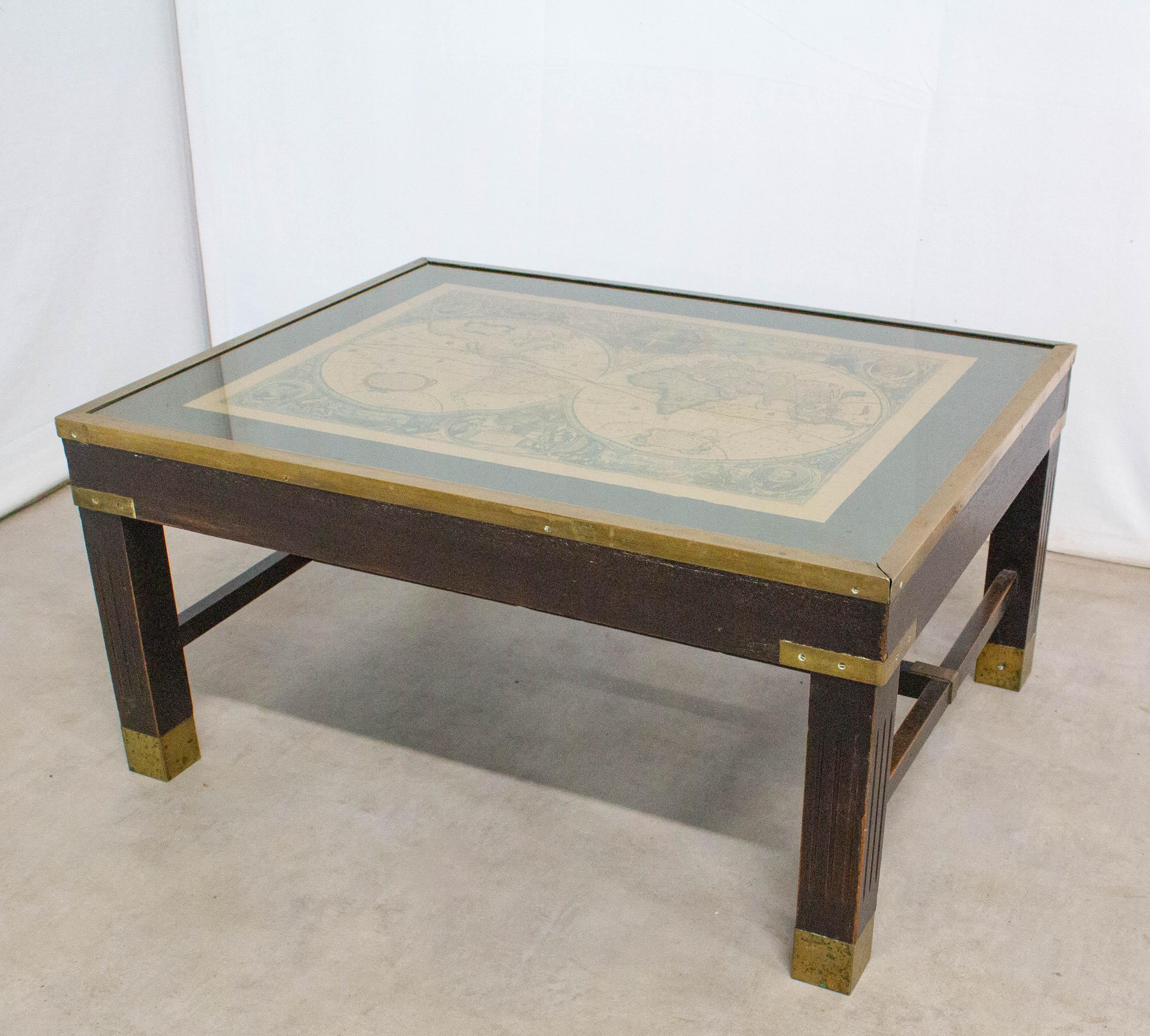 Mid-Century Modern Coffee Table World Map Top Brass and Mahogany, French Midcentury