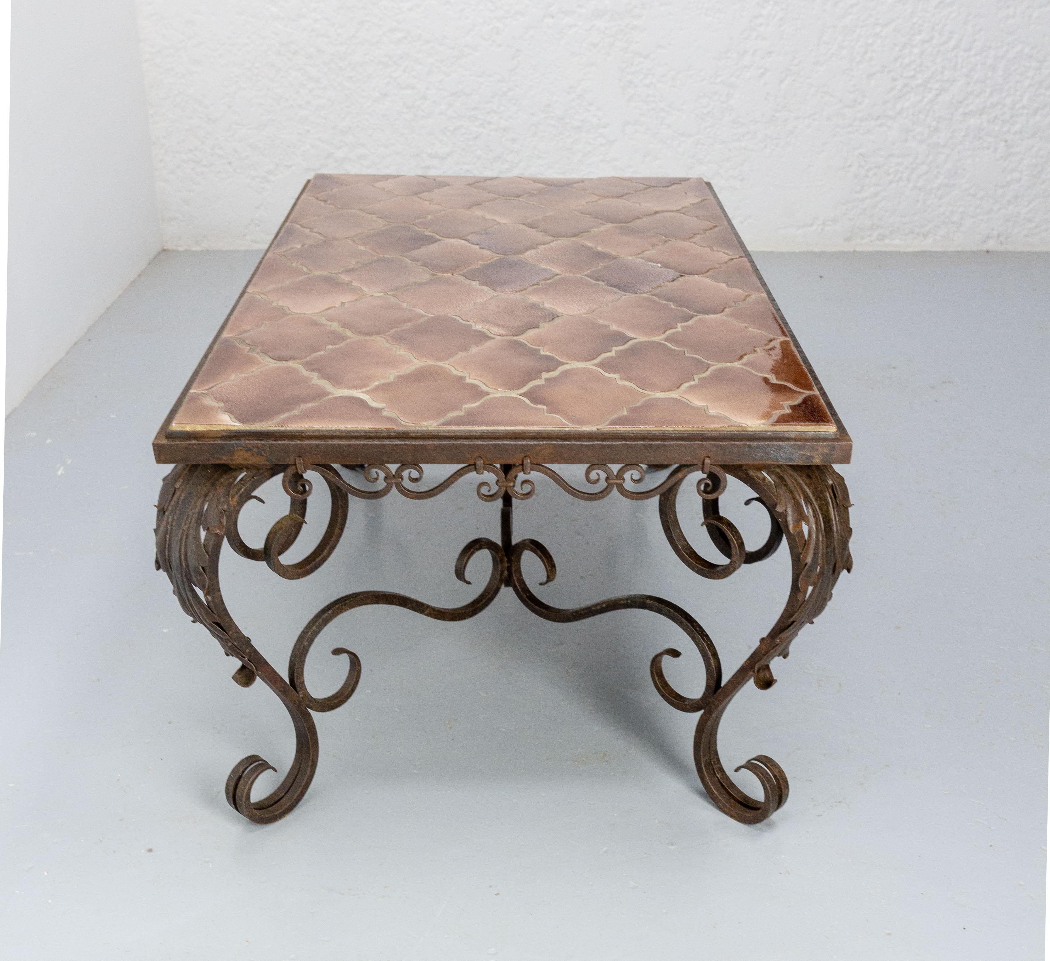 Mid-Century Modern Coffee Table Wrought Iron and Ceramic Top French, circa 1960 For Sale