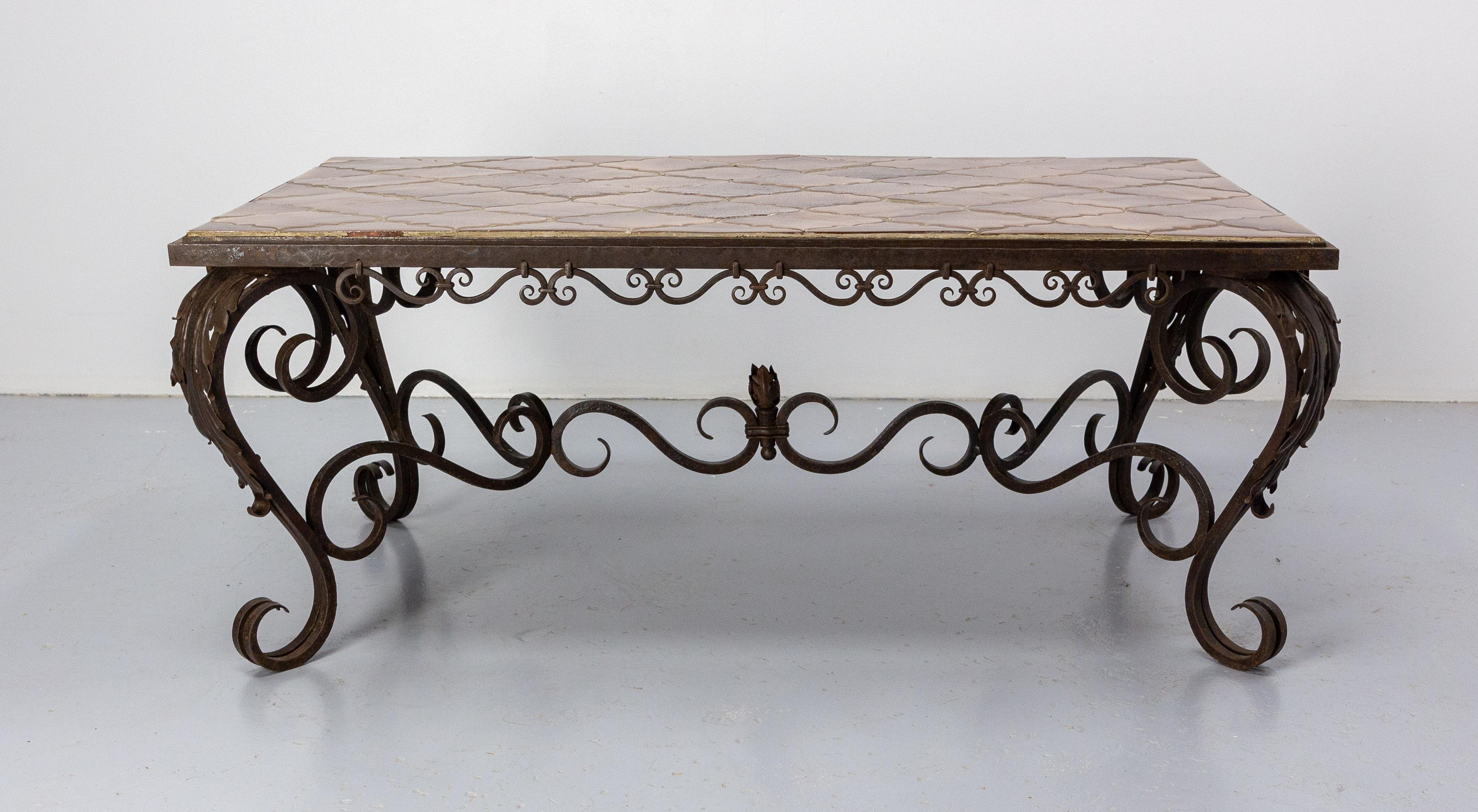 20th Century Coffee Table Wrought Iron and Ceramic Top French, circa 1960 For Sale