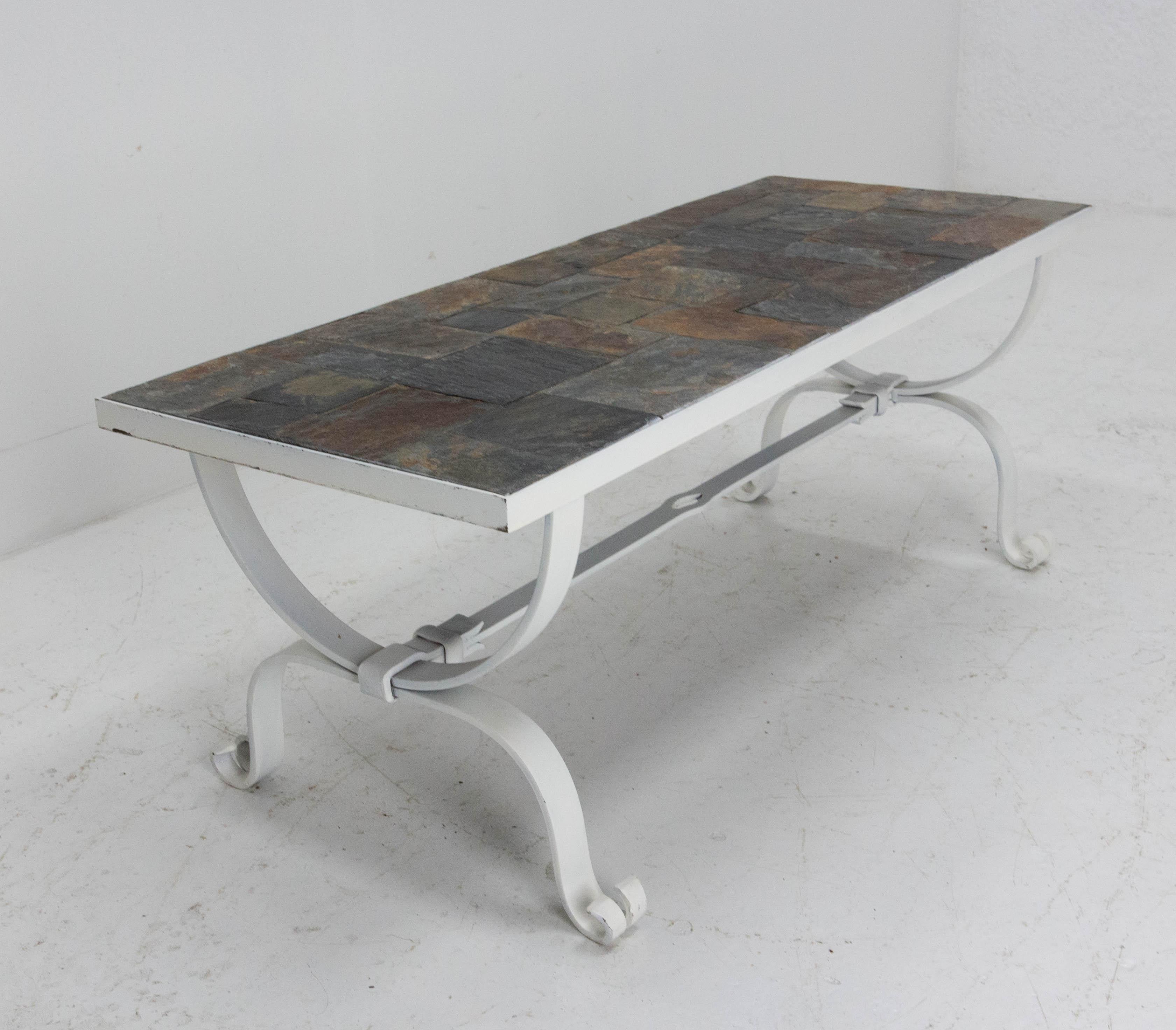 Mid-Century Modern Coffee Table Wrought Iron and Slate Top French Midcentury For Sale