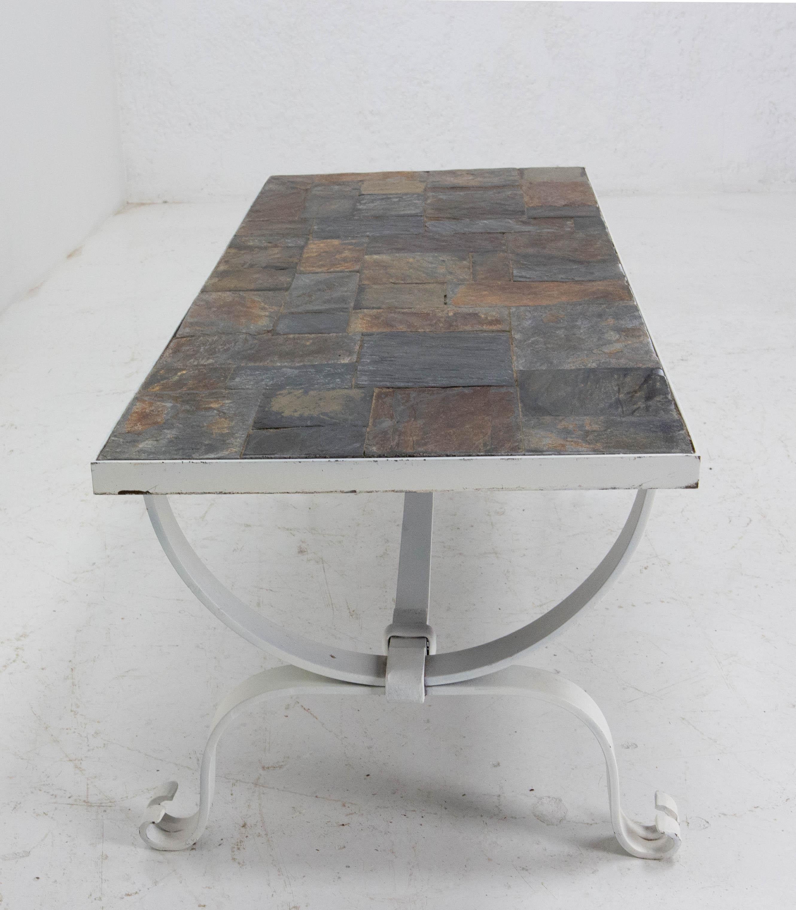 Coffee Table Wrought Iron and Slate Top French Midcentury In Good Condition For Sale In Labrit, Landes