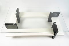 Coffee Table, Year 1980-1990, in White and Black Lacquered Wood, Glass Top.