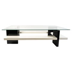 Coffee Table, Year 1980-1990, in White and Black Lacquered Wood, Glass Top. Coffee Table, Year 1980-1990, in White and Black Lacquered Wood, Glass Top.