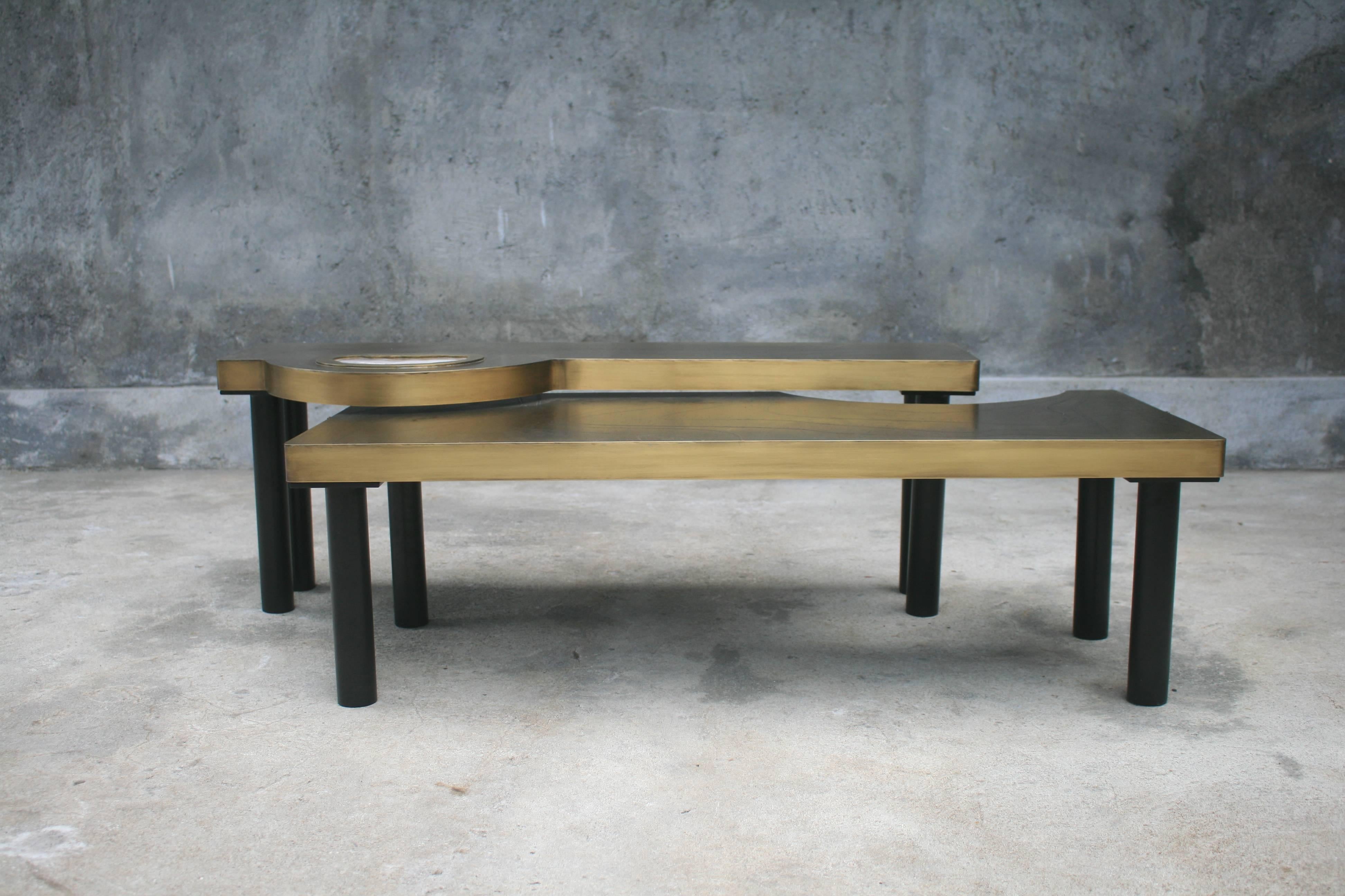 Coffee Table, Patinated Acid Etched Brass and Agate Slice Organic For Sale 5