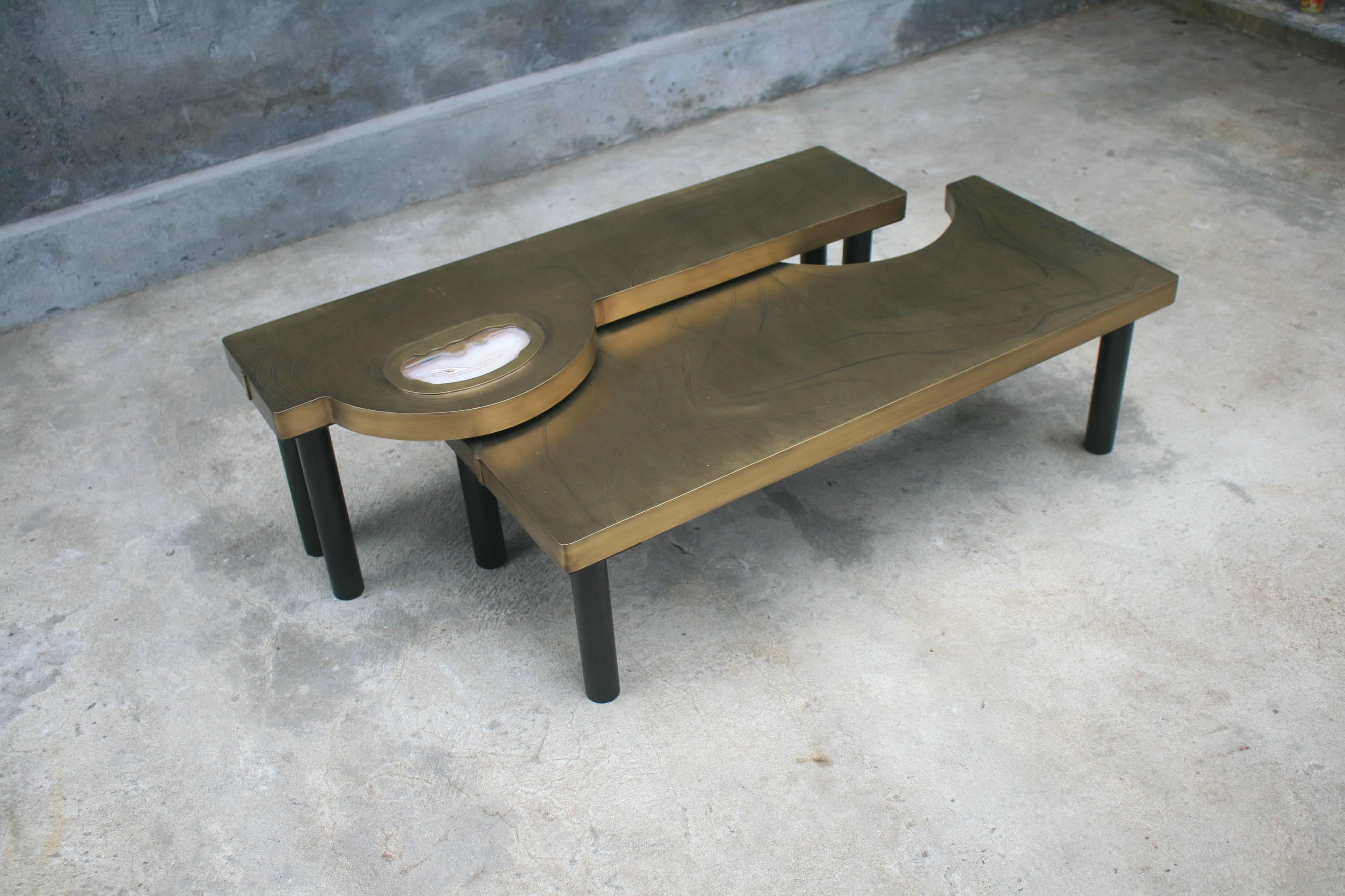 Coffee Table, Patinated Acid Etched Brass and Agate Slice Organic For Sale 6