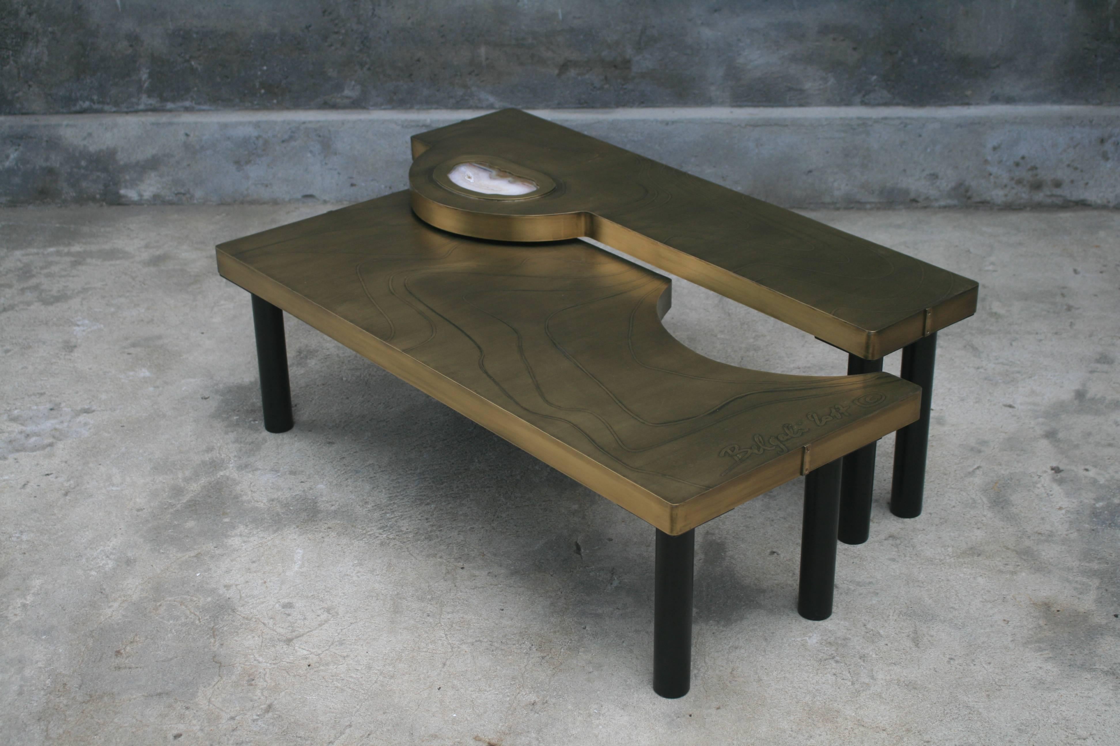 Coffee Table, Patinated Acid Etched Brass and Agate Slice Organic For Sale 7