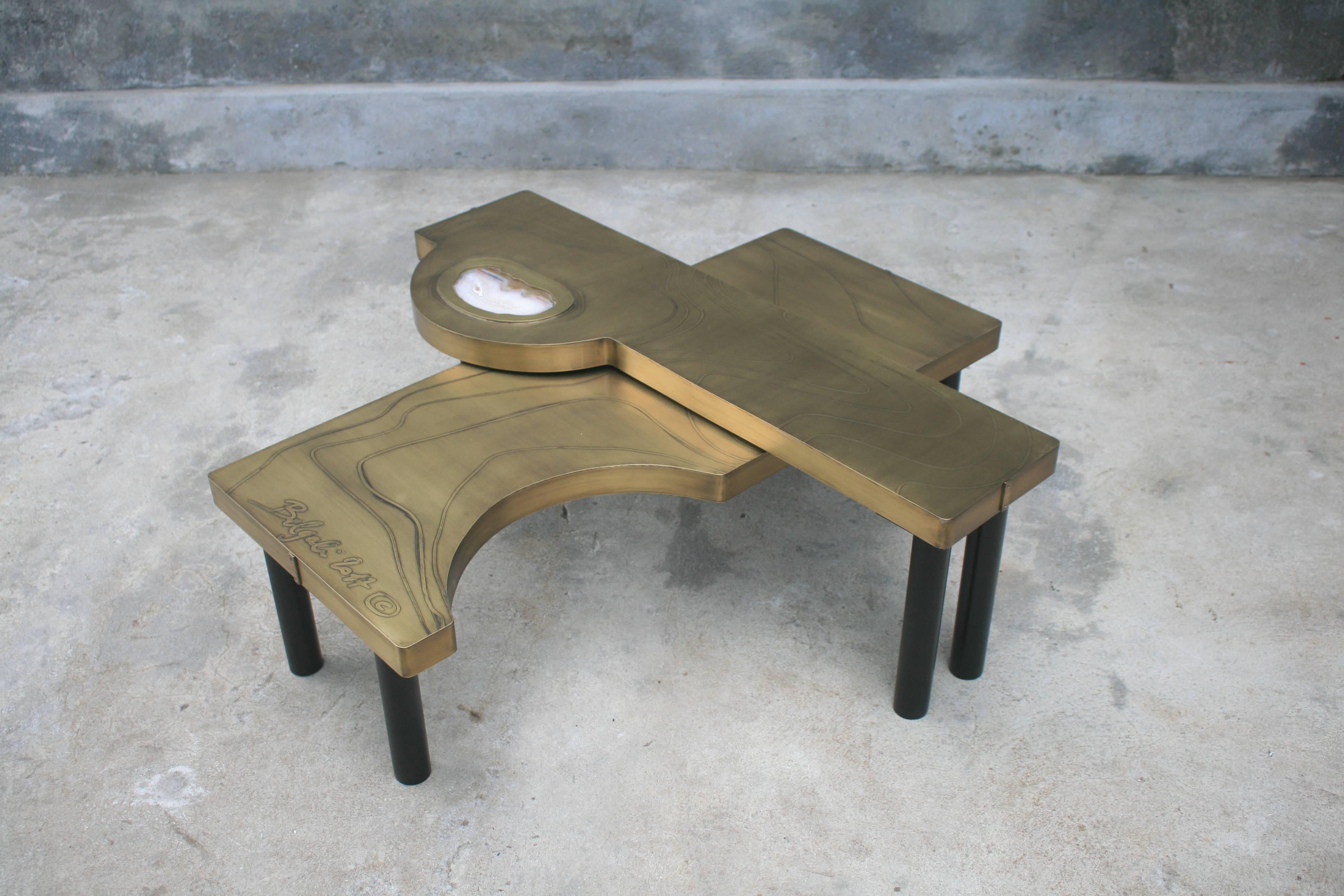 Coffee Table, Patinated Acid Etched Brass and Agate Slice Organic For Sale 9