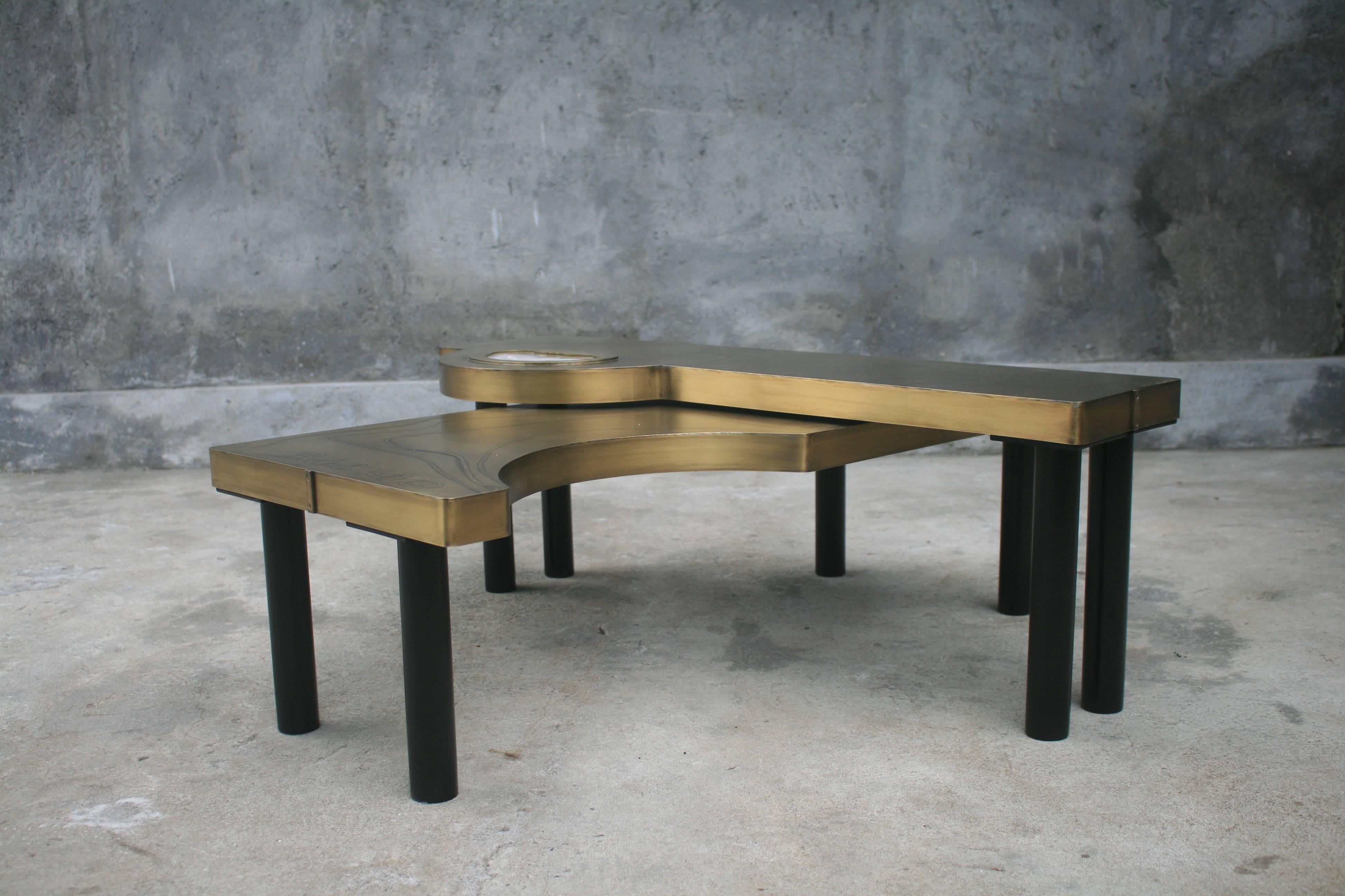 Coffee Table, Patinated Acid Etched Brass and Agate Slice Organic For Sale 10
