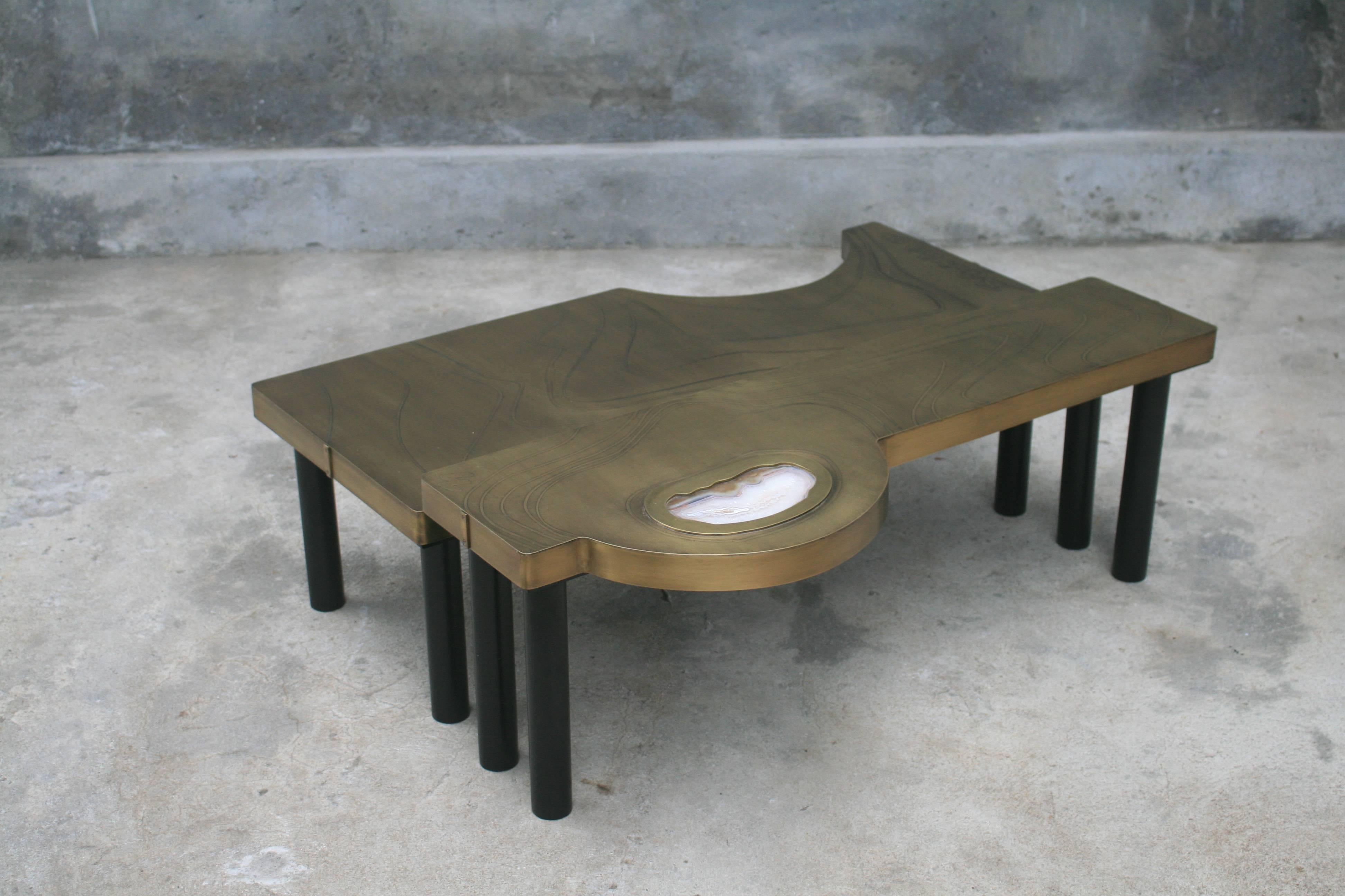 Coffee Table, Patinated Acid Etched Brass and Agate Slice Organic For Sale 11