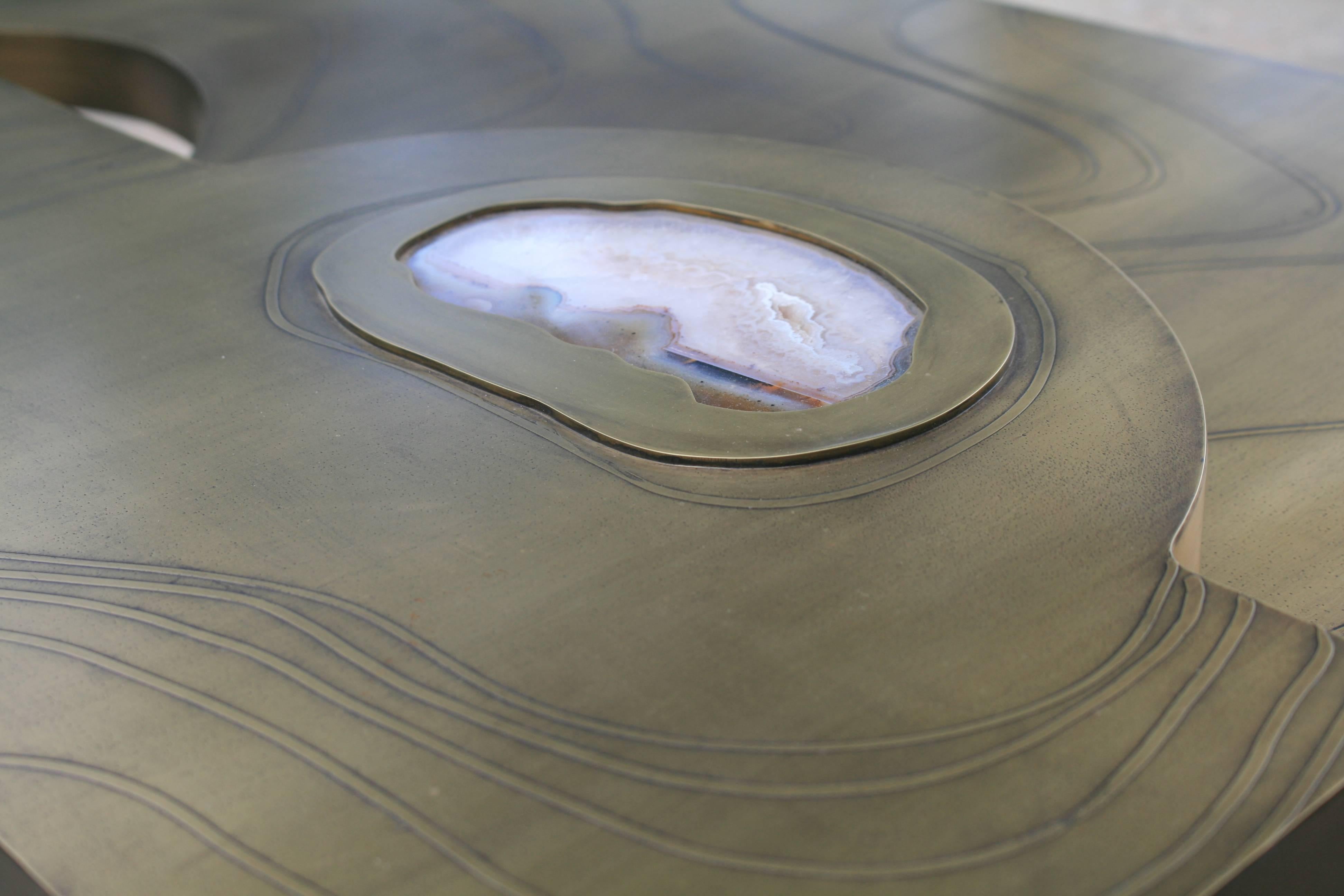 Coffee Table, Patinated Acid Etched Brass and Agate Slice Organic For Sale 13