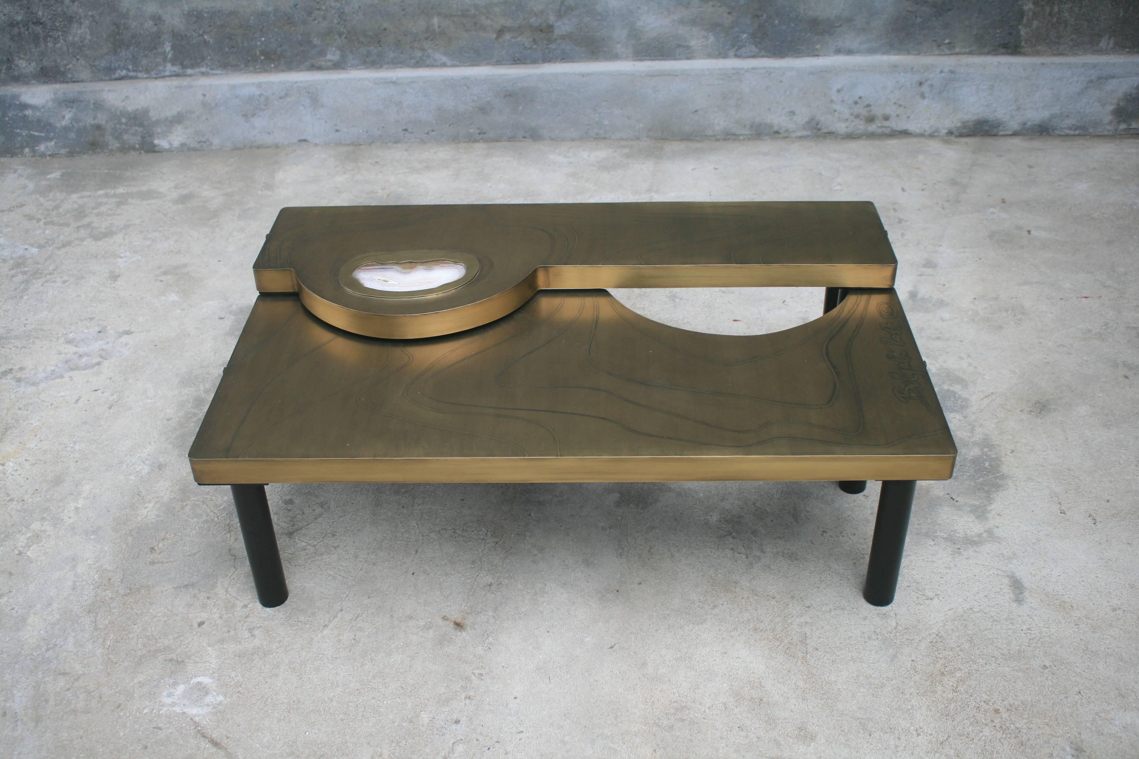 Contemporary Coffee Table, Patinated Acid Etched Brass and Agate Slice Organic For Sale