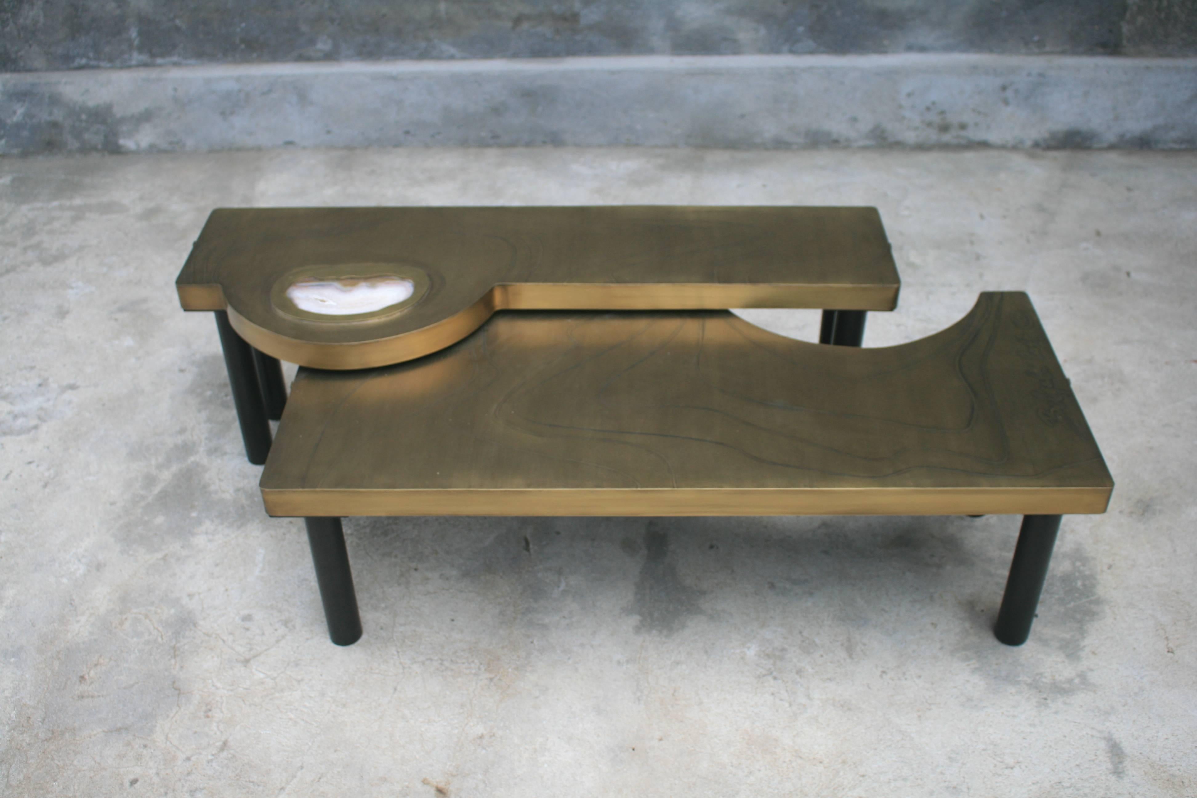 Coffee Table, Patinated Acid Etched Brass and Agate Slice Organic For Sale 4