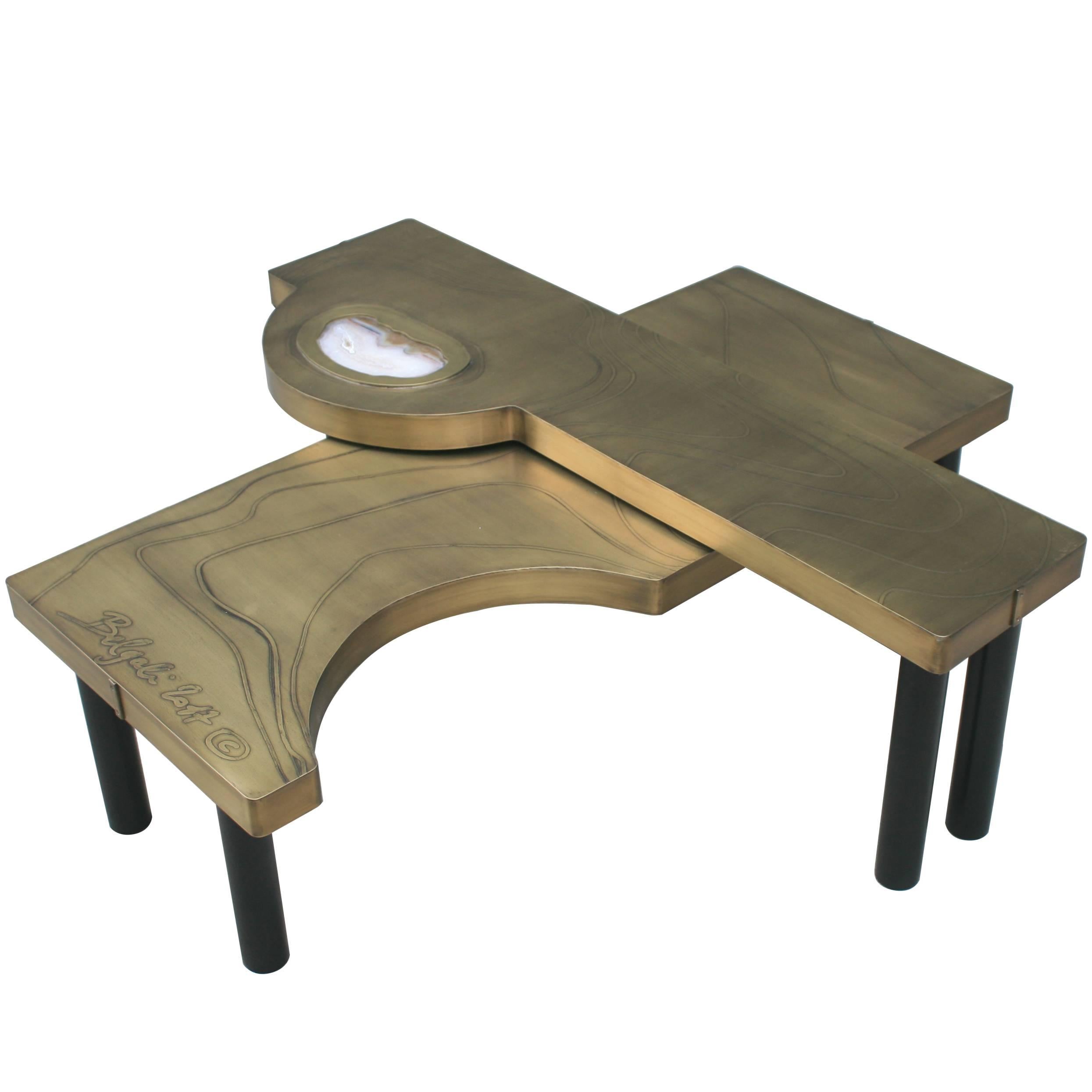 Coffee Table, Patinated Acid Etched Brass and Agate Slice Organic For Sale