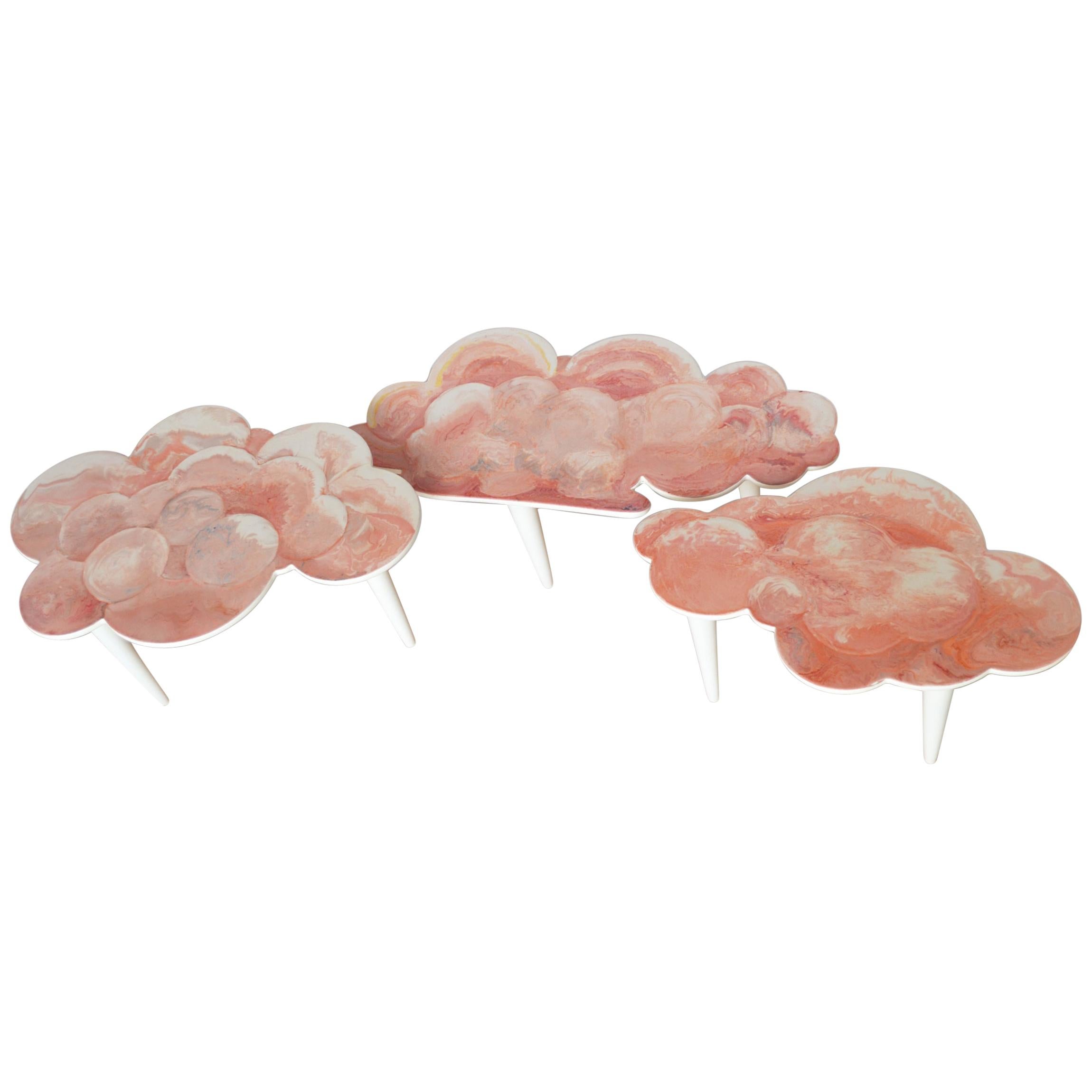 Coffee Tables Pink Scagliola Artistic Top Cloud Shape White Wooden Legs Handmade