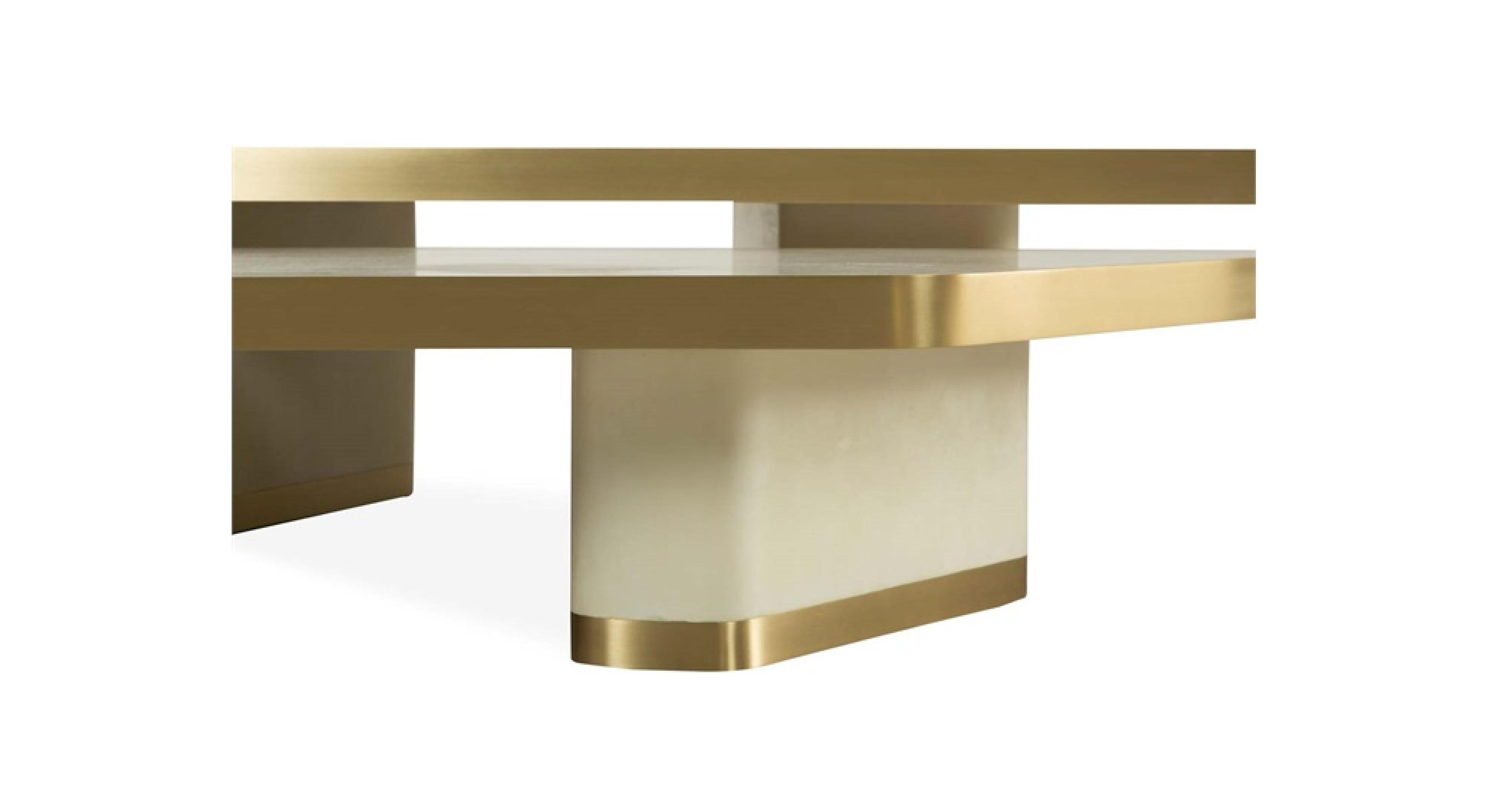 Brushed Coffee Tables VELA in Rock Crystal and Brass by Ginger Brown For Sale