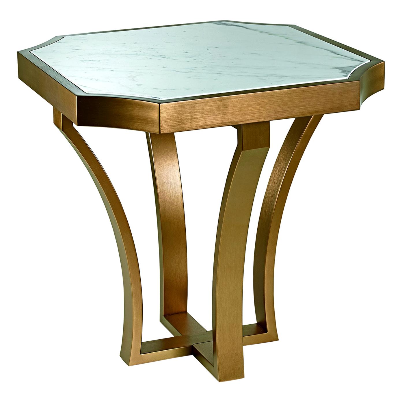 Table basse avec cadre en métal finition peinture vieillie et plateau en marbre doré Calacatta