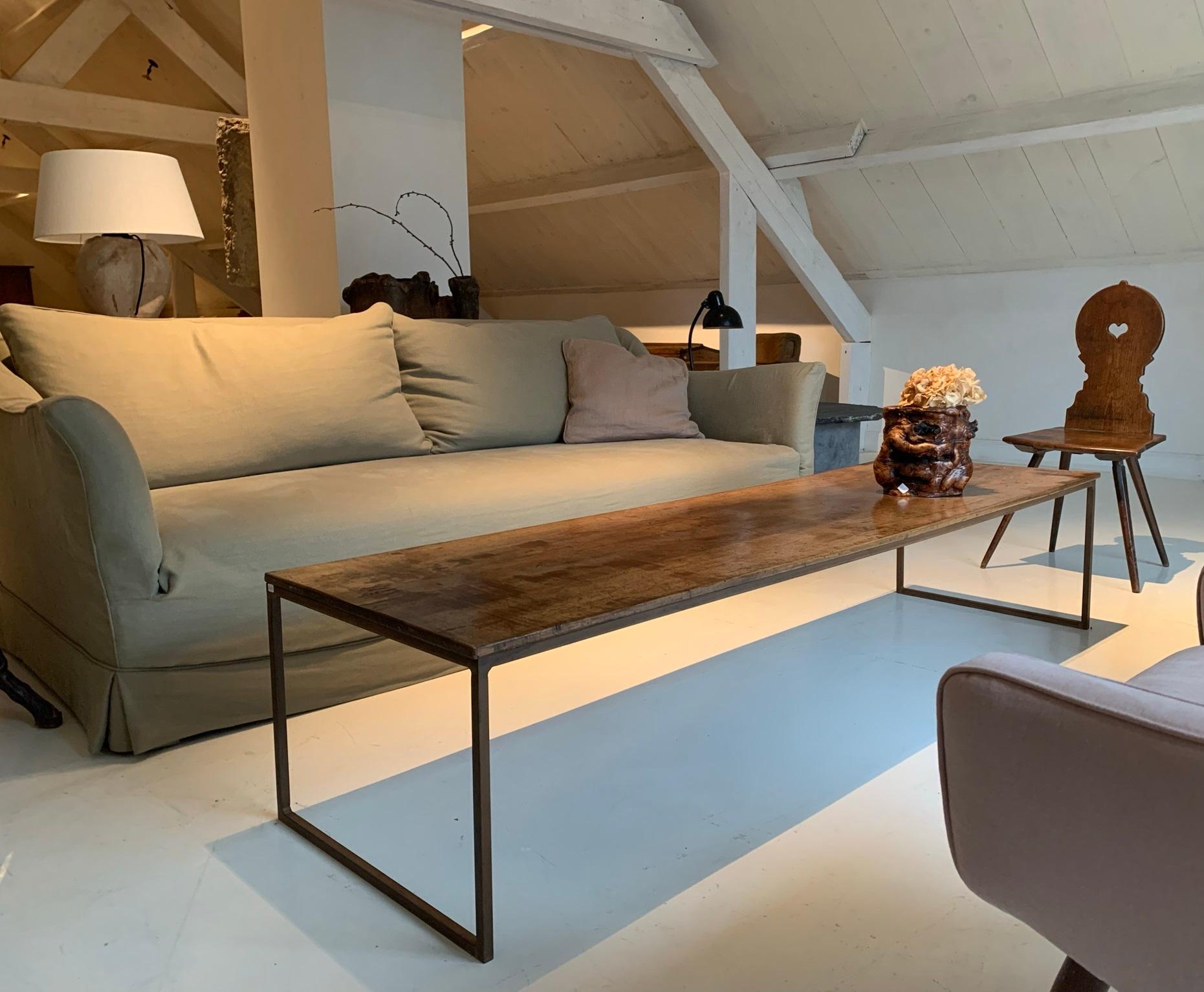 Hand-Crafted Coffee table with 18th Century Walnut Top on Iron Base