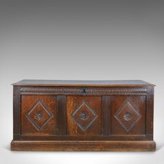 Coffer, English, Oak, Joined Chest, Three-Panel Trunk, circa 1700 and Later