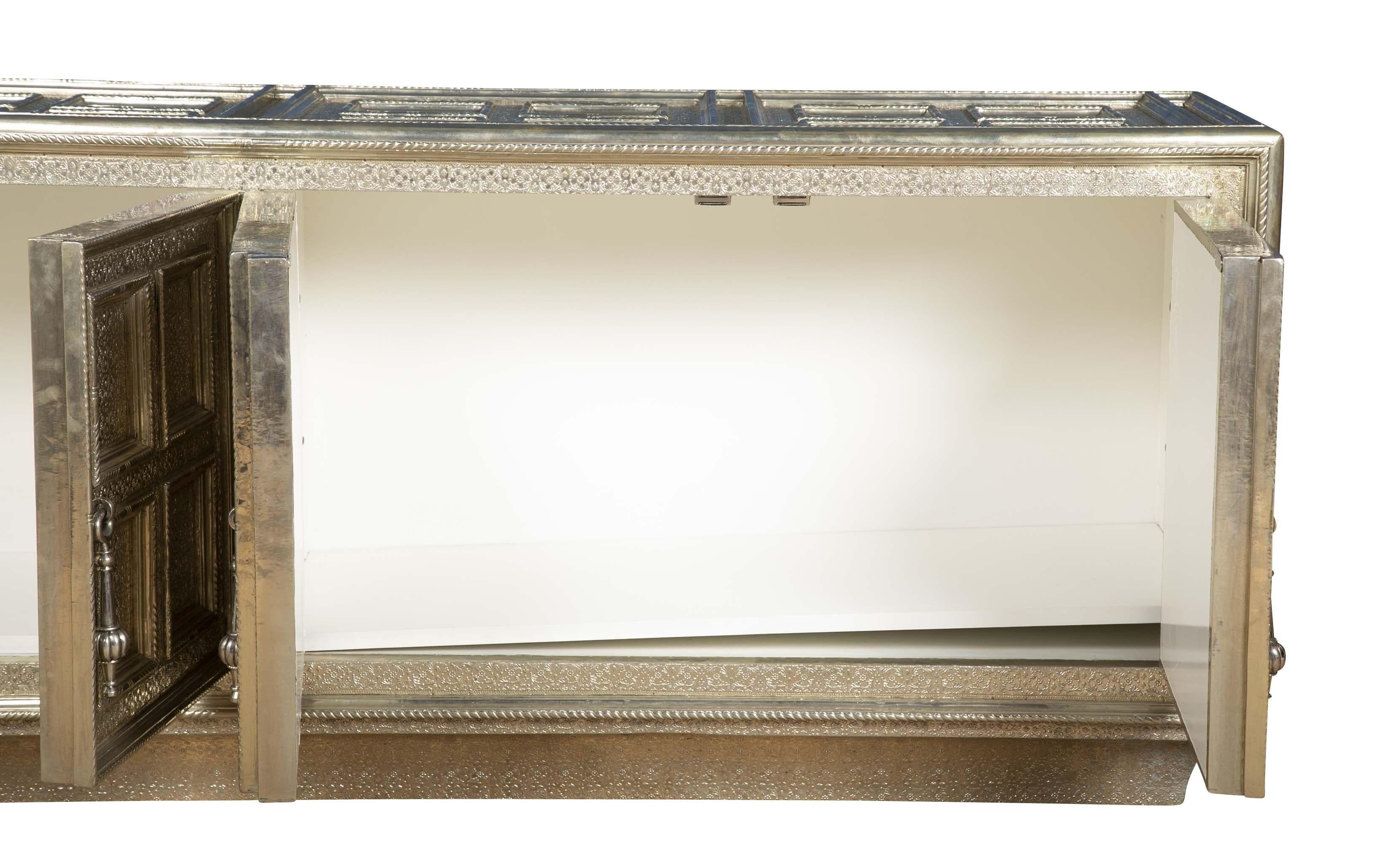 Hand-Crafted Coffre Credenza in White Bronze Over MDF Handcrafted in India By Paul Mathieu For Sale