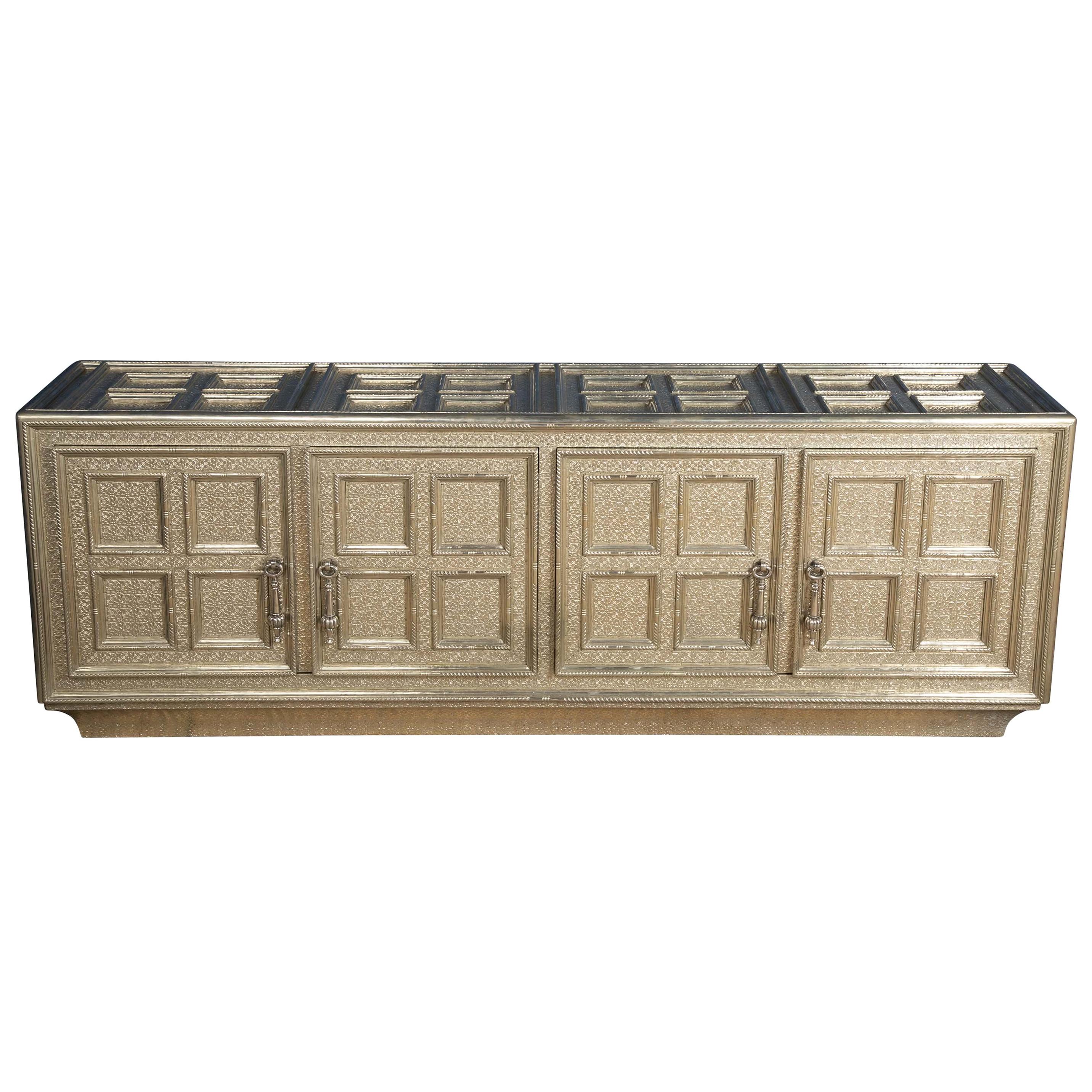 Coffre Credenza in White Bronze Over MDF Handcrafted in India By Paul Mathieu For Sale