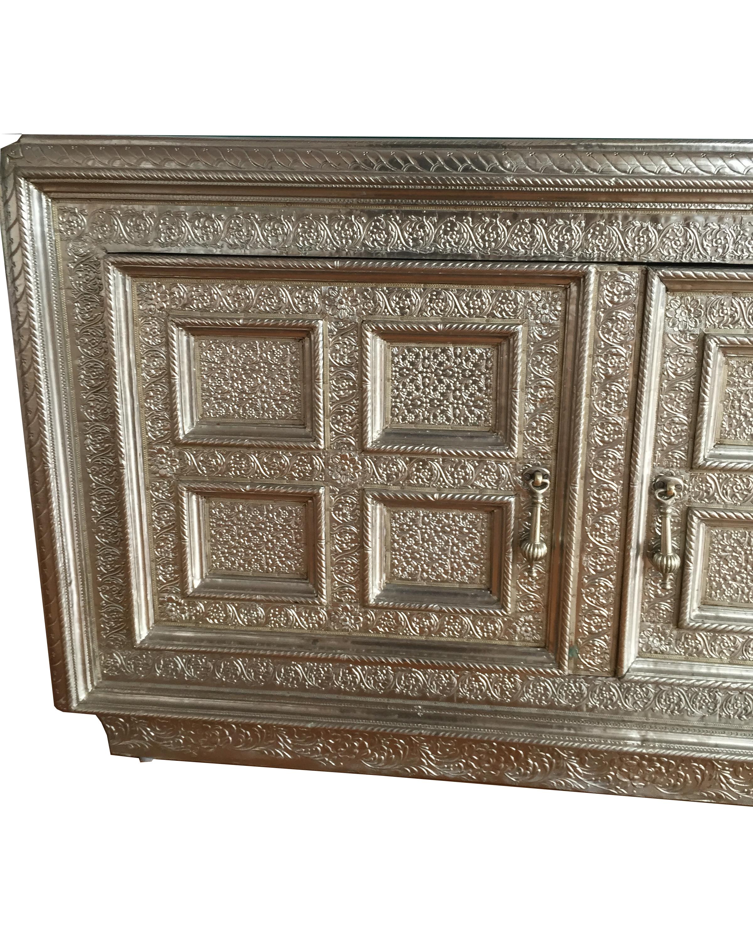 Hand-Carved Coffre Credenza in White Bronze Over Wood Handcrafted in India By Paul Mathieu For Sale