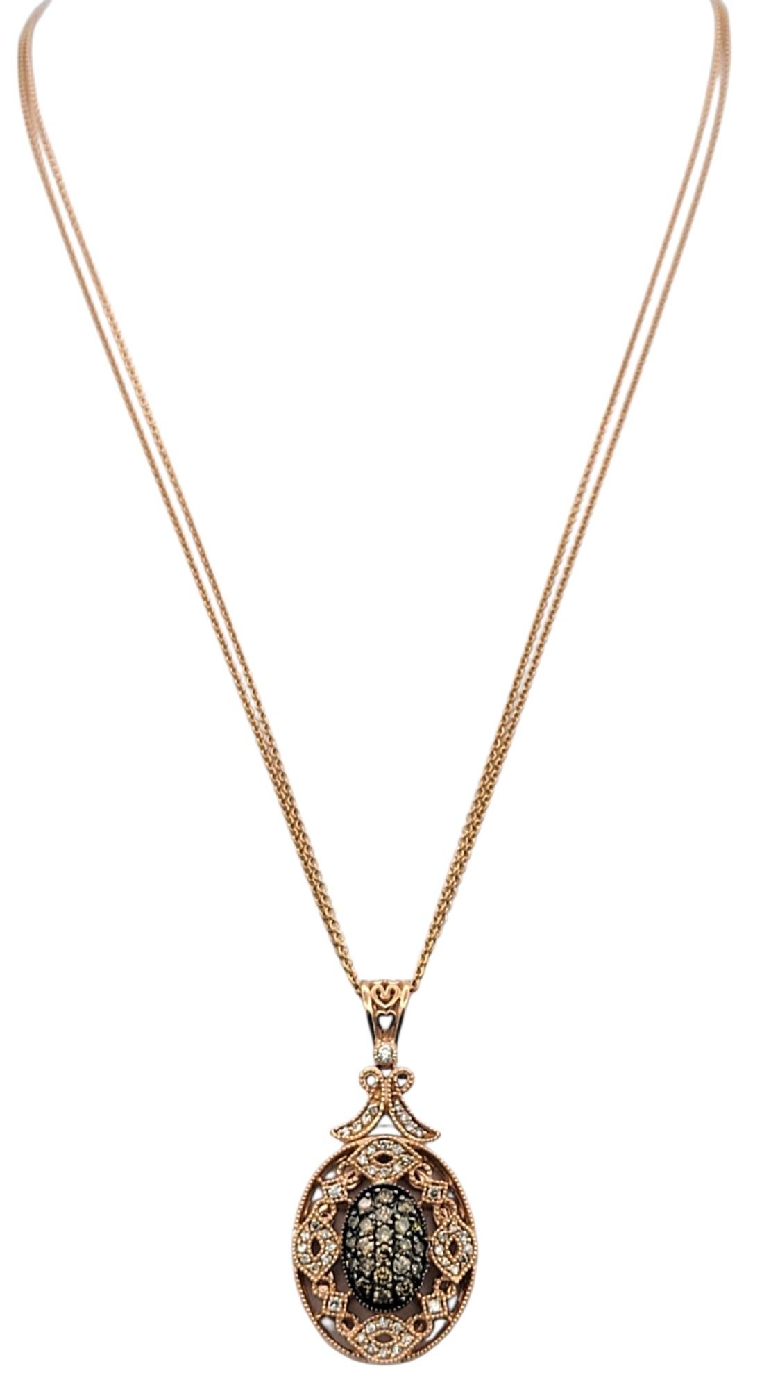 Cognac and White Diamond Filigree Double Strand Necklace in 14 Karat Rose Gold (Rundschliff) im Angebot