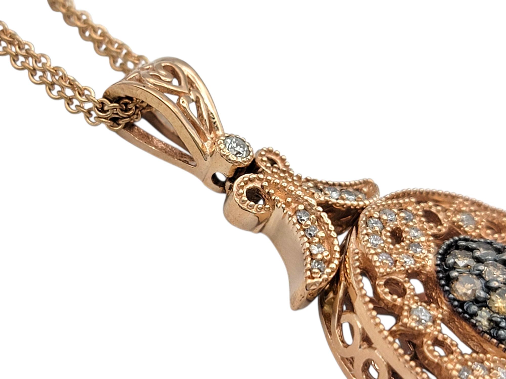 Cognac and White Diamond Filigree Double Strand Necklace in 14 Karat Rose Gold Damen im Angebot