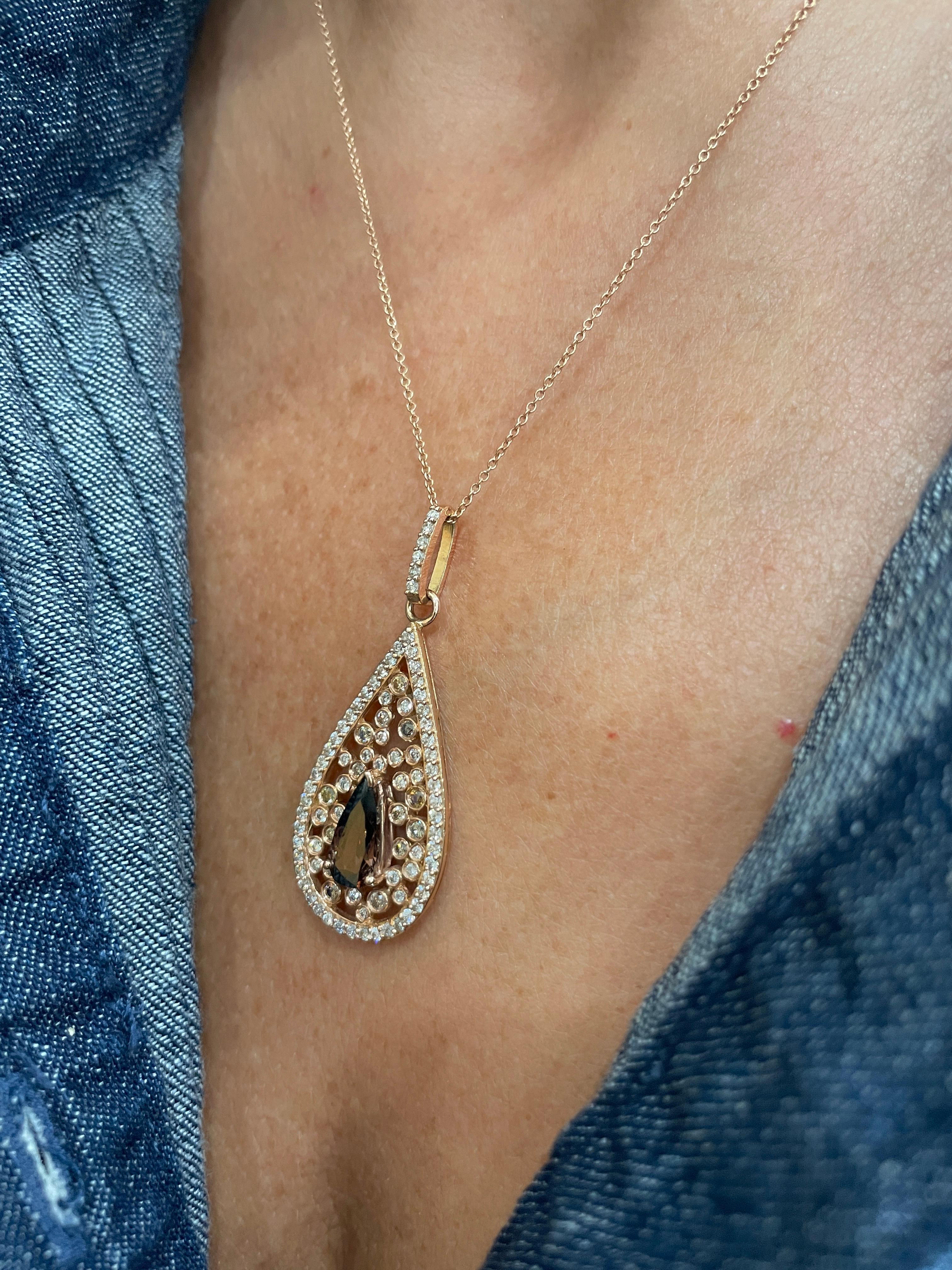 Contemporary Cognac Brown Color Diamond Pear Pendant Necklace Bezel Bubble 14K Rose Gold For Sale
