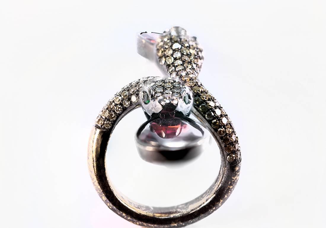 Contemporary Cognac Brown Diamond and Tourmaline Snake Gold Ring For Sale