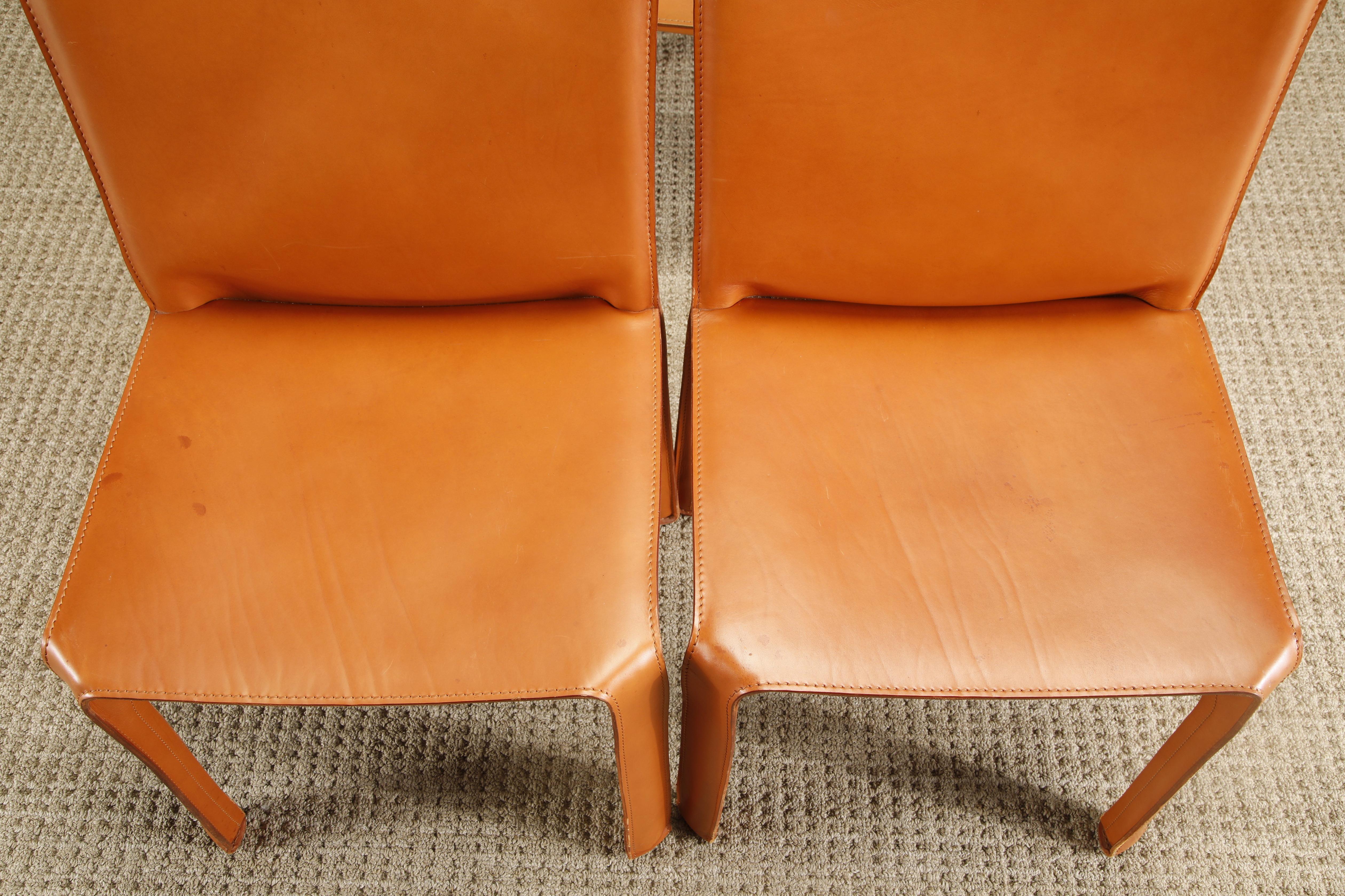 Cognac Brown Leather Cab Side Chairs by Mario Bellini for Cassina, Signed In Good Condition In Los Angeles, CA