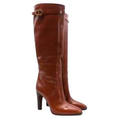 Cognac-brown leather heeled long boots For Sale at 1stDibs | long point ...