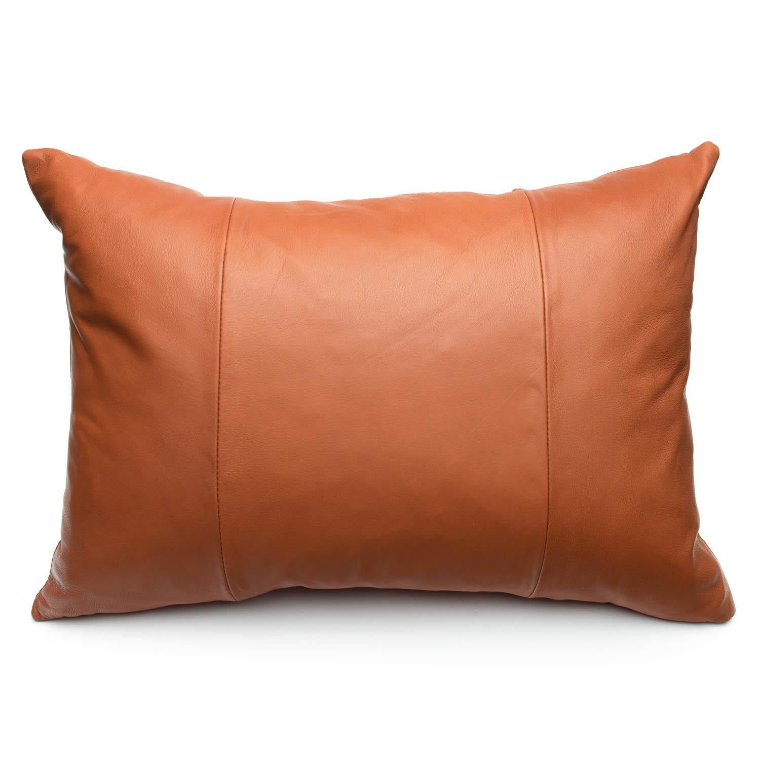 Cognac Brown Leather Pillow with Leather Cross Stitch Lumbar Cushion For  Sale at 1stDibs