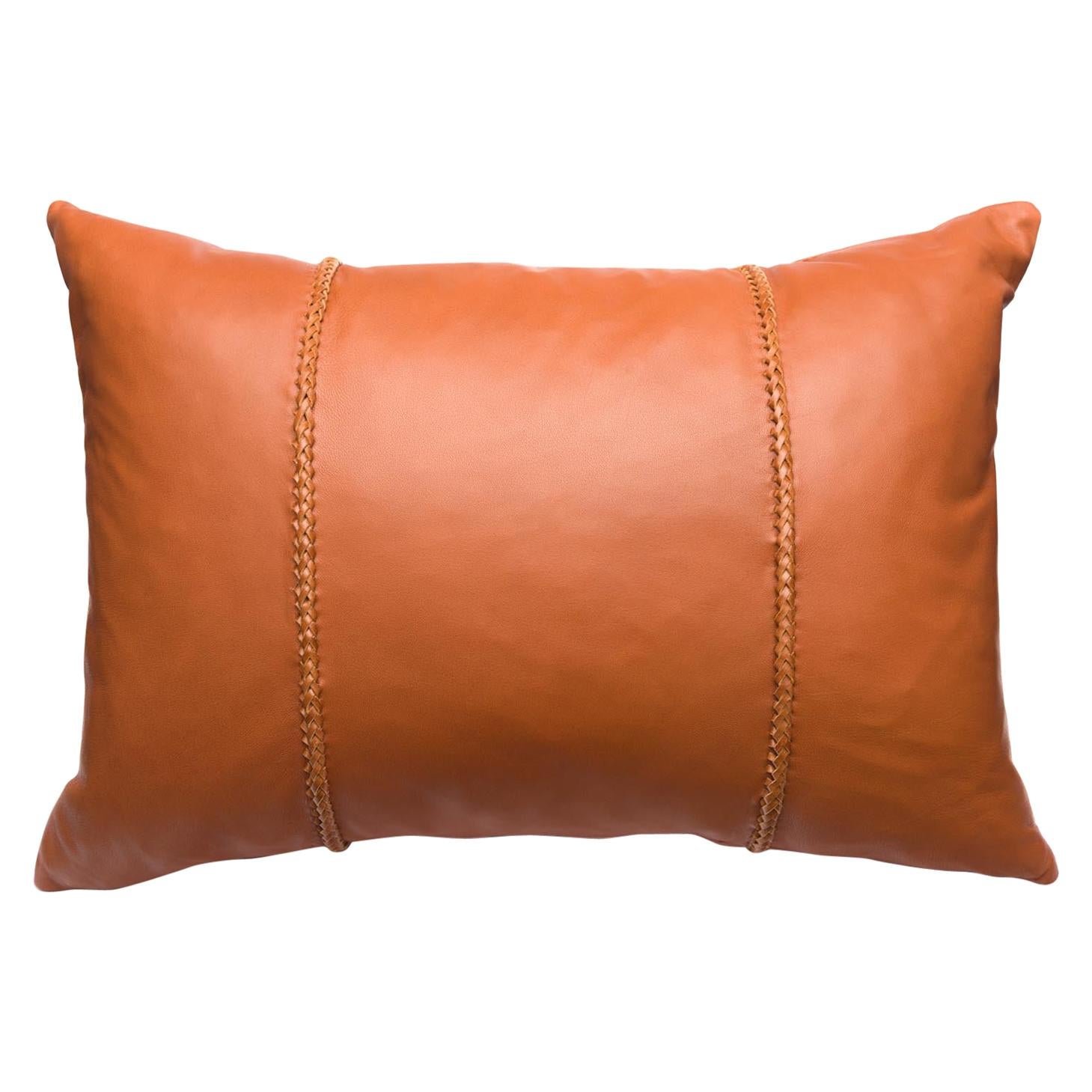 Cognac Brown Leather Pillow with Leather Cross Stitch Lumbar Cushion For Sale