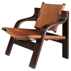Cognac Brown Leather Safari Lounge Chair with Curved Wood Structure, France 1960