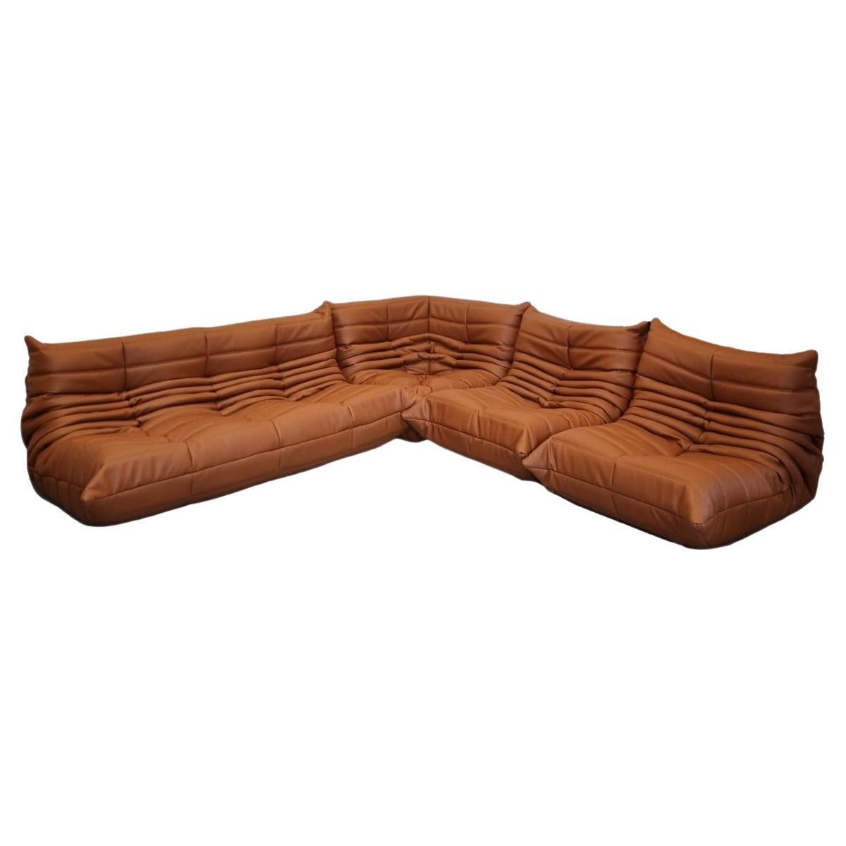 Cognac Brown Leather Togo Sofa, Set of 4, 1970s