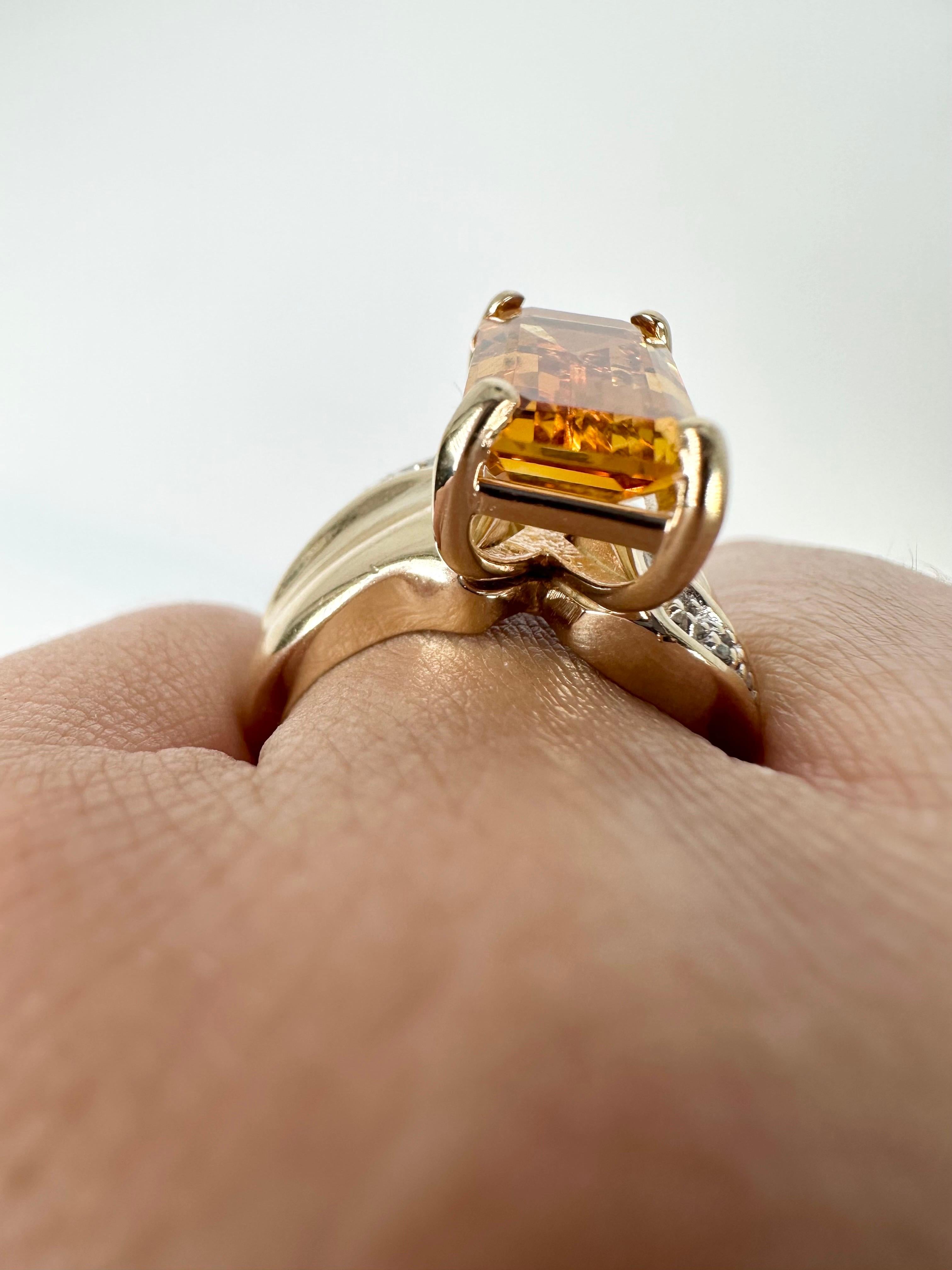 Cognac Citrine Diamond Ring 14 Karat Yellow Gold Stunning Cocktail Ring For Sale 5