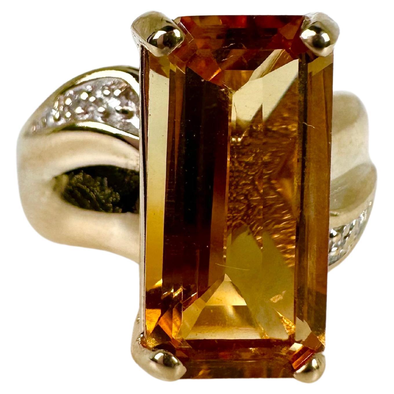 Cognac Citrine Diamond Ring 14 Karat Yellow Gold Stunning Cocktail Ring For Sale