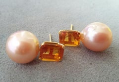 Cognac Citrine Golden Baroque Pearls Yellow Gold Dangle Earrings