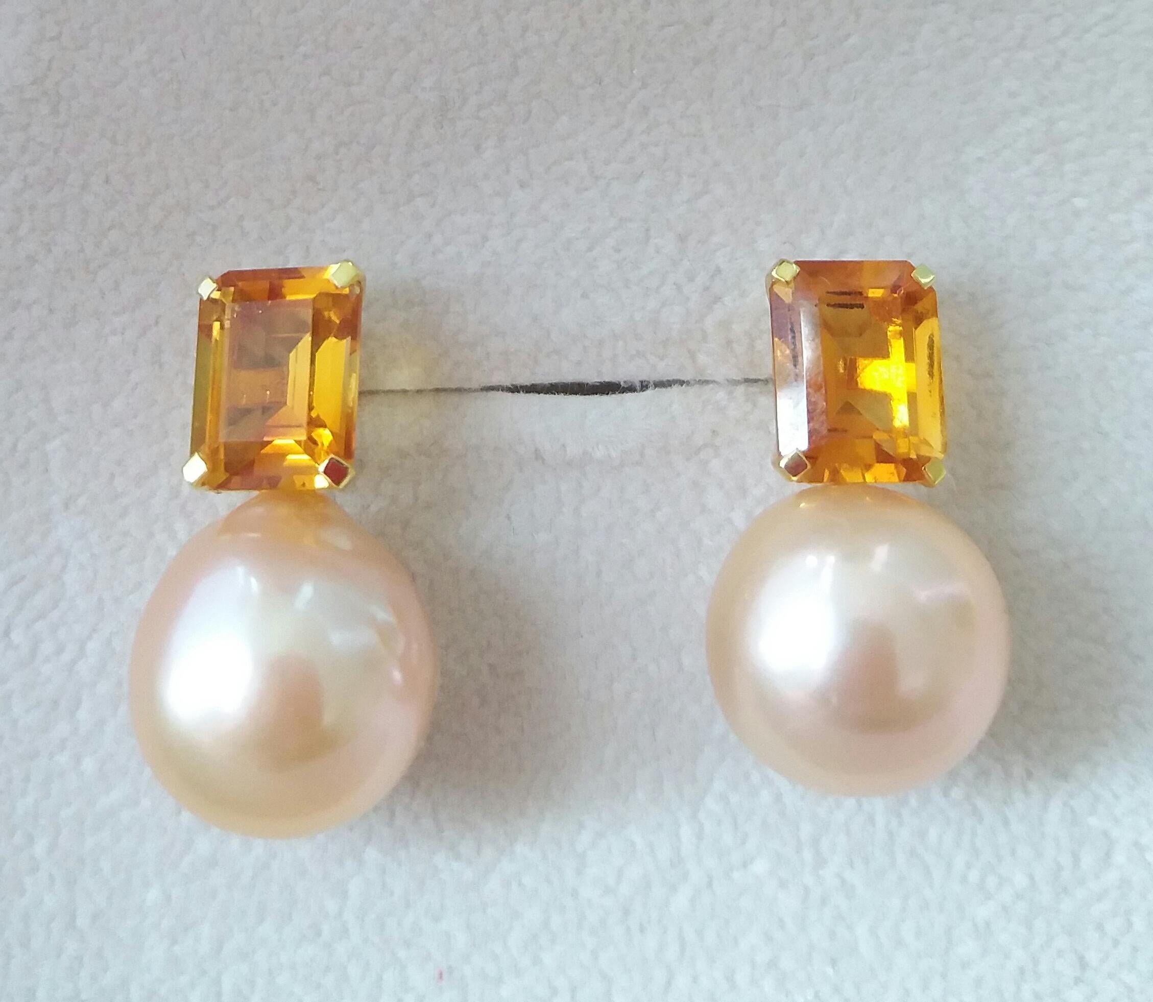 Cognac Citrine Golden Baroque Pearls Yellow Gold Dangle Earrings In Good Condition In Bangkok, TH