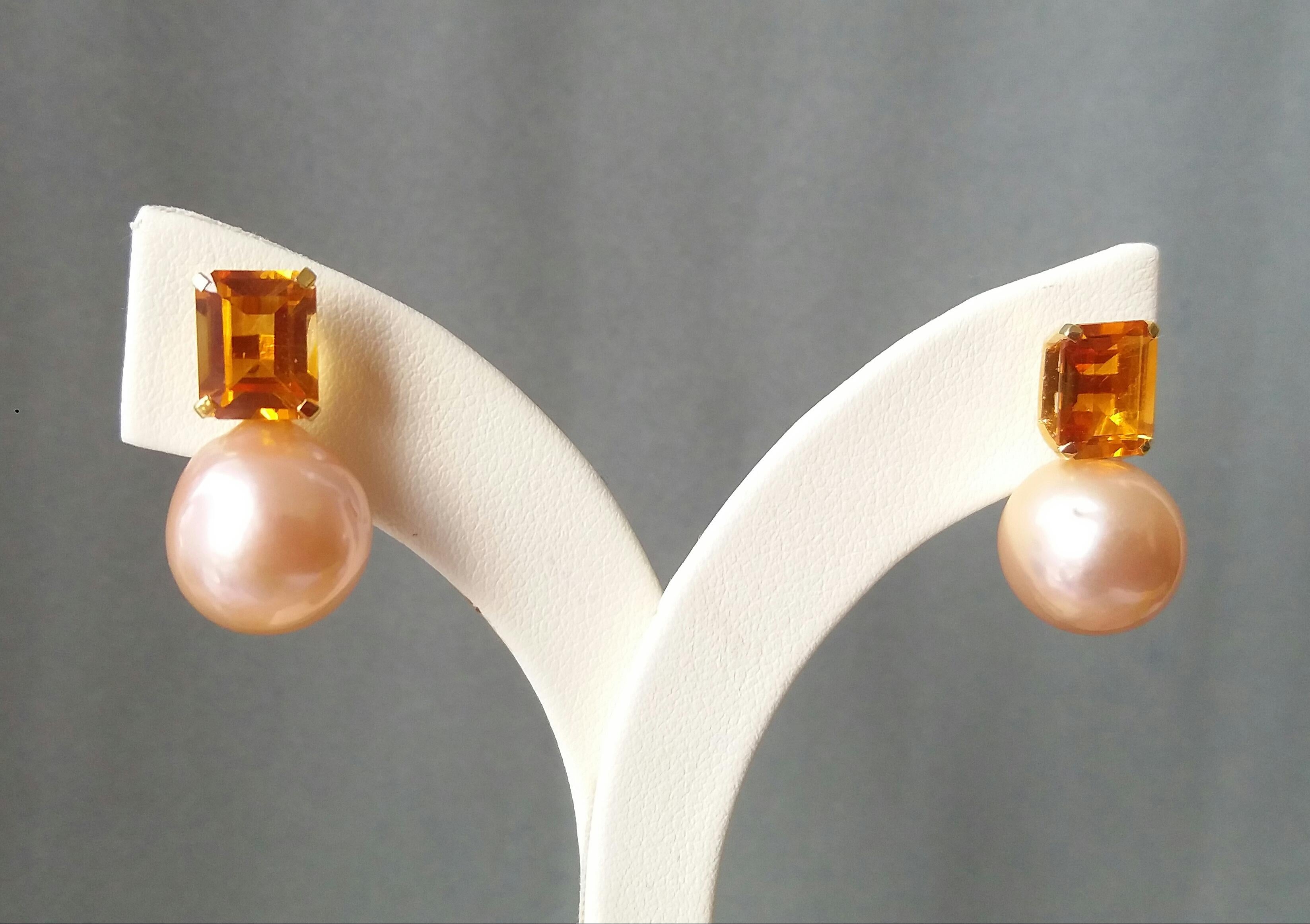 Women's Cognac Citrine Golden Baroque Pearls Yellow Gold Dangle Earrings