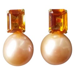 Cognac Citrine Golden Baroque Pearls Yellow Gold Dangle Earrings